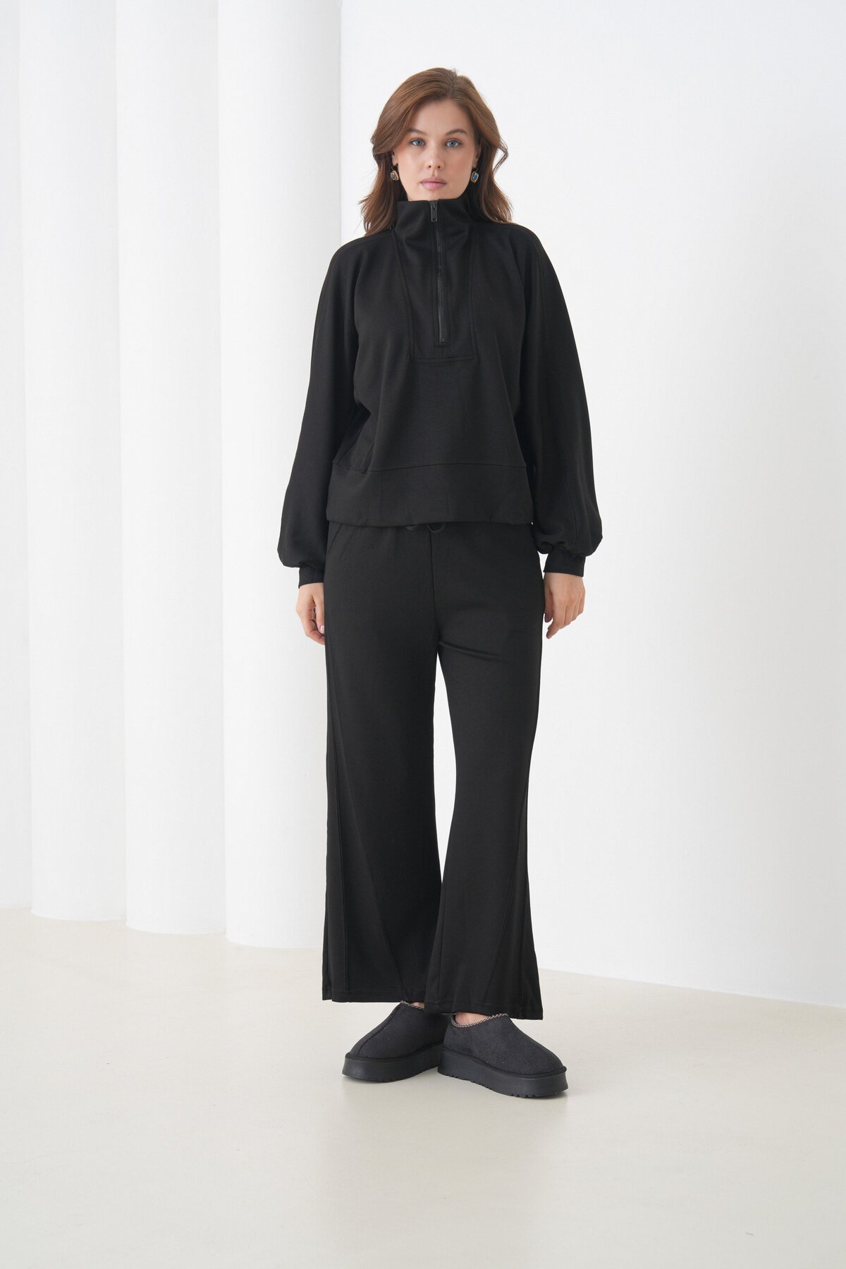 Kadın Oversize Fermuarlı Kapüşonlu Sweatshirt Geniş Paça Tesettüre Uygun Spor Şık Eşofman Takımı