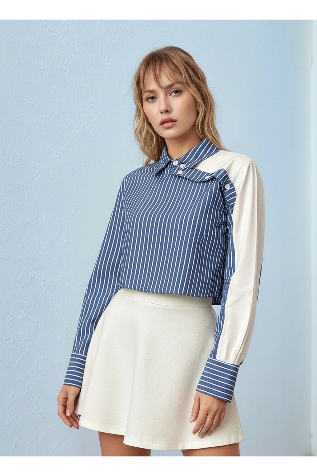 Kadın Özel Tasarım Yaka Kol Düğmeli Çizgi Garnili Crop Boy Kısa Bluz Gömlek