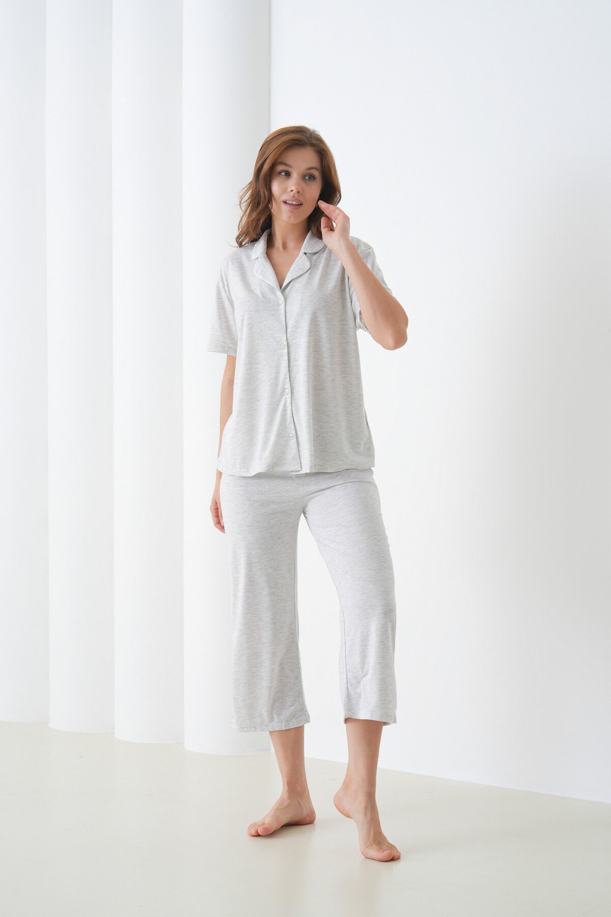 Kadın Pamuk Gömlek Kapri Şık Casual Curve Alt Üst Gecelik Takımı