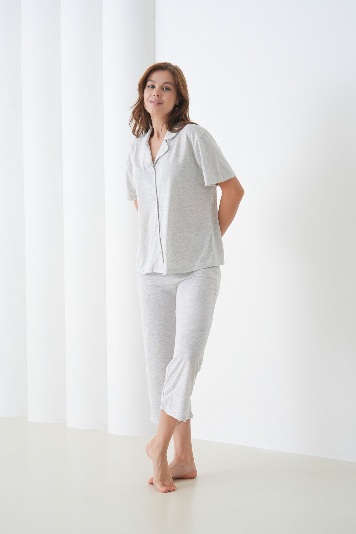 Kadın Pamuk Gömlek Kapri Şık Casual Curve Alt Üst Gecelik Takımı