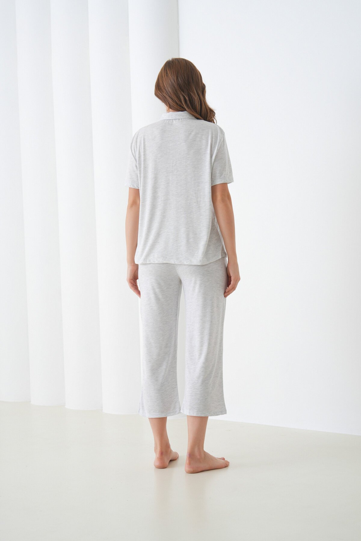 Kadın Pamuk Gömlek Kapri Şık Casual Curve Alt Üst Gecelik Takımı