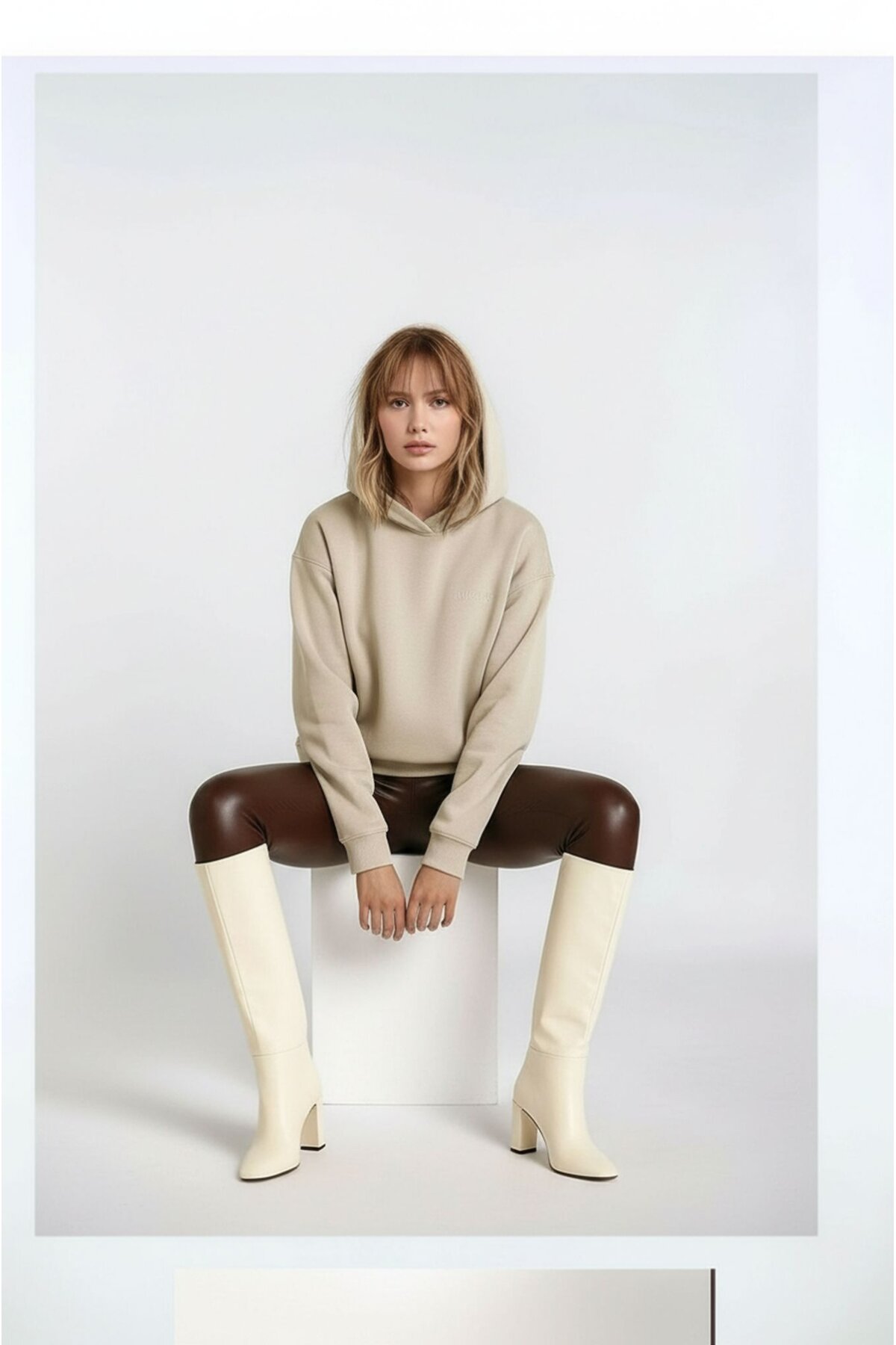 Kadın 3 İplik Kalın Kapüşonlu Oversize Curve Kalıp Uzun Kol Sweatshirt Kazak