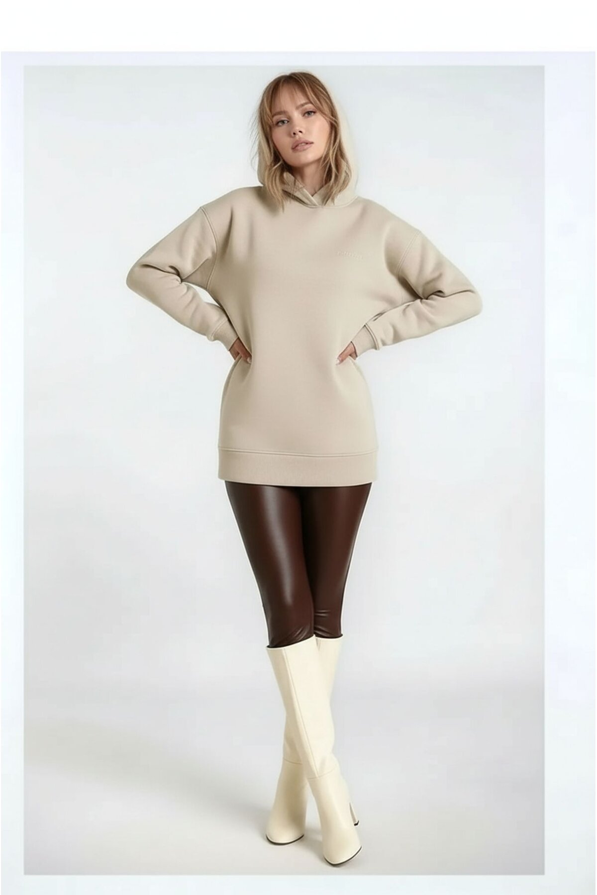 Kadın 3 İplik Kalın Kapüşonlu Oversize Curve Kalıp Uzun Kol Sweatshirt Kazak