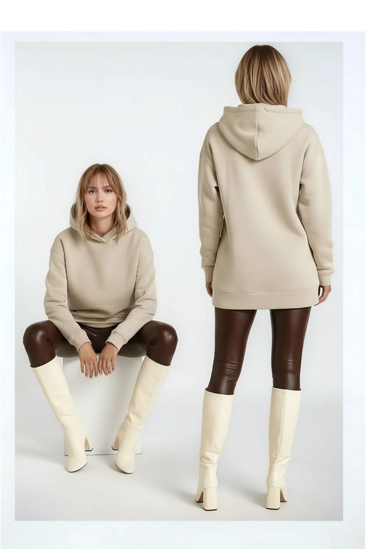 Kadın 3 İplik Kalın Kapüşonlu Oversize Curve Kalıp Uzun Kol Sweatshirt Kazak