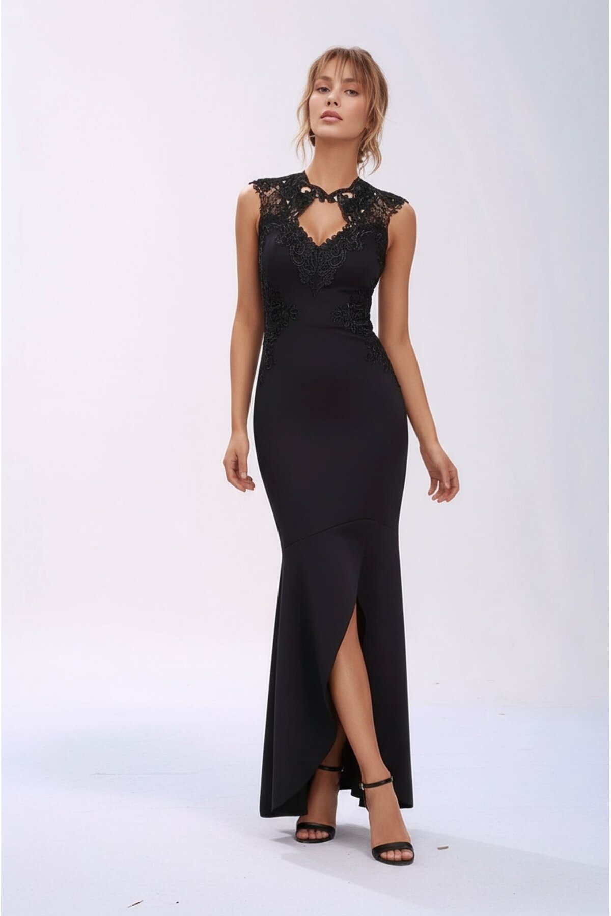 Kadın Pencere Güpürlü Yaka Asimetrik Etek Balık Model Ay Kol Şık Abiye Curve Büyük Beden Gece Elbise