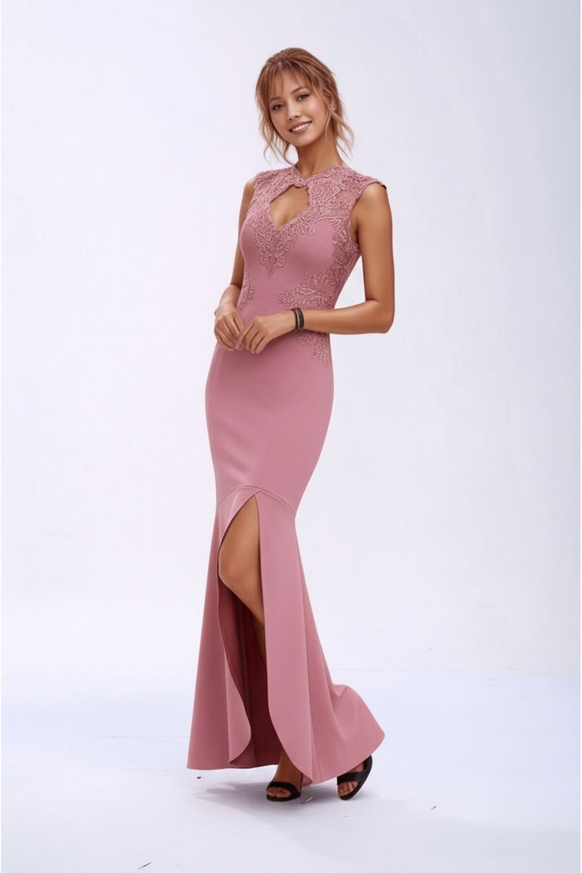 Kadın Pencere Güpürlü Yaka Asimetrik Etek Balık Model Ay Kol Şık Abiye Curve Büyük Beden Gece Elbise