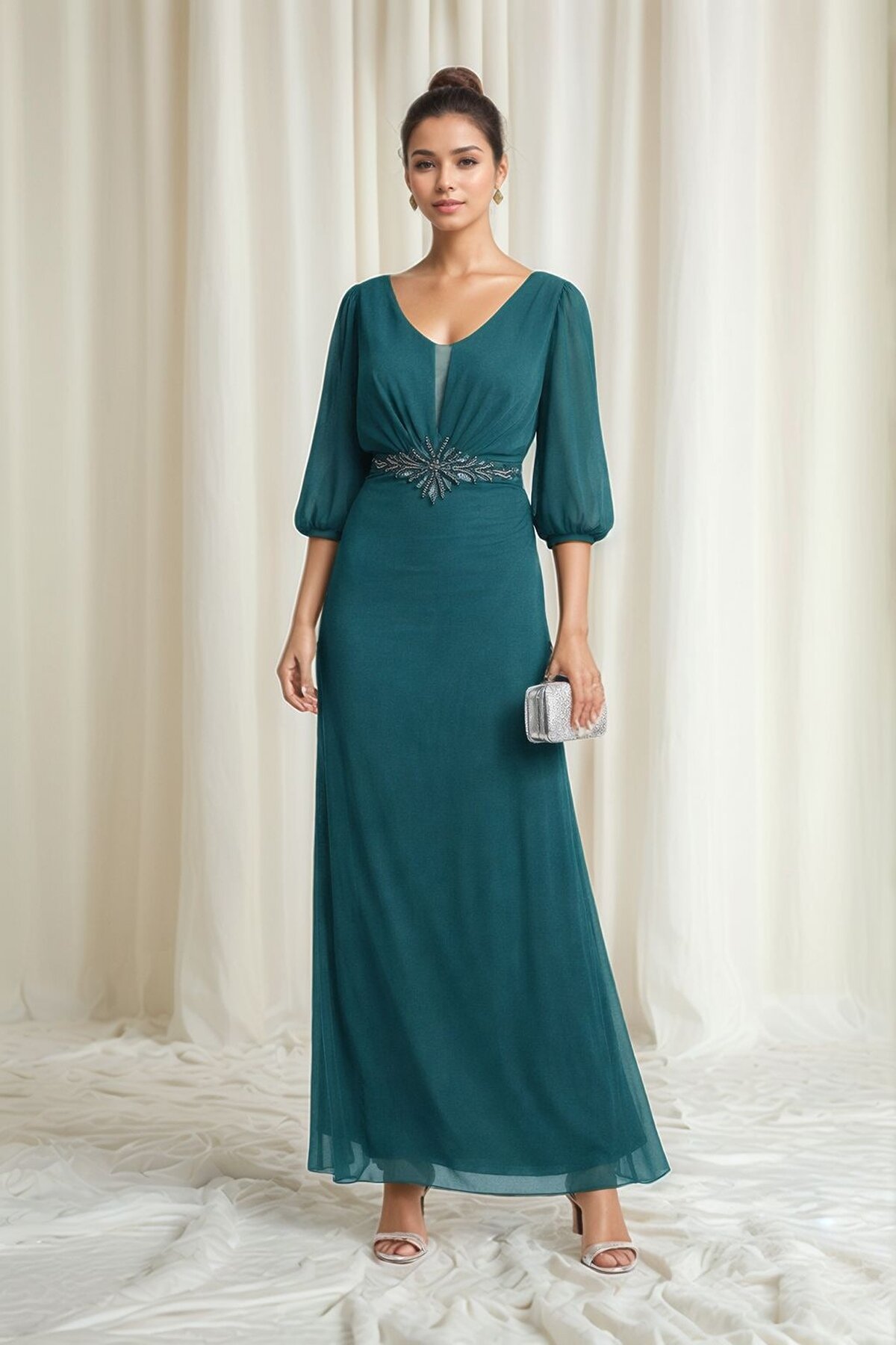 Kadın Pencere Tül V Yaka Belden Oturmalı Taşlı Nakışlı Şık Abiye Curve Büyük Beden Gece Elbise