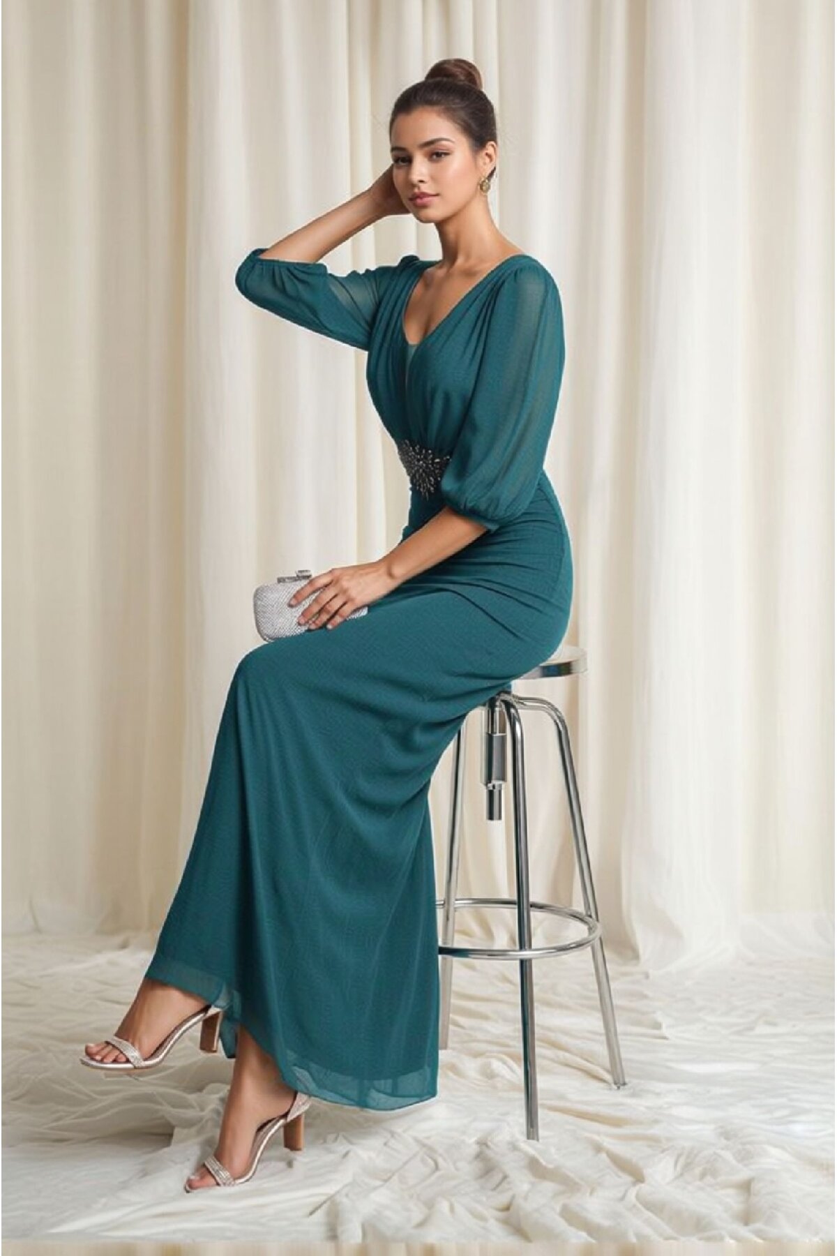 Kadın Pencere Tül V Yaka Belden Oturmalı Taşlı Nakışlı Şık Abiye Curve Büyük Beden Gece Elbise