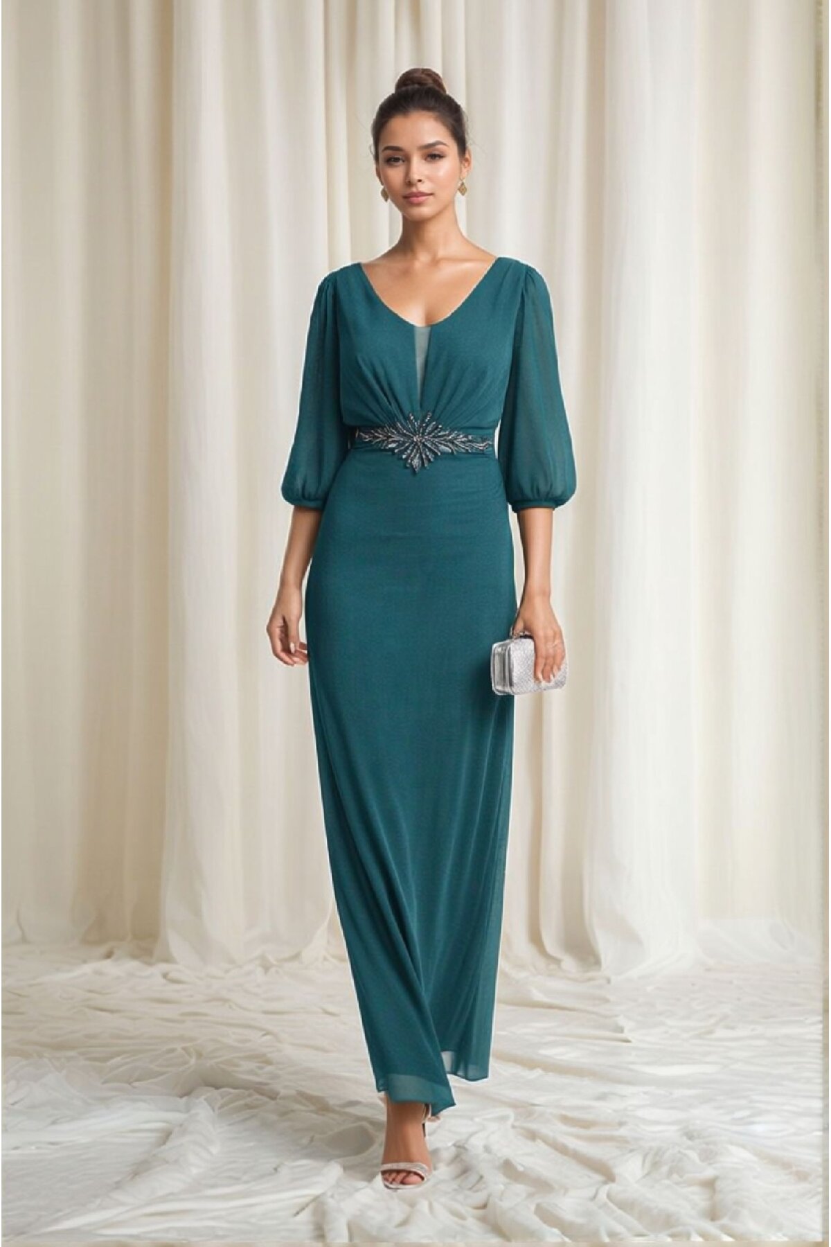 Kadın Pencere Tül V Yaka Belden Oturmalı Taşlı Nakışlı Şık Abiye Curve Büyük Beden Gece Elbise