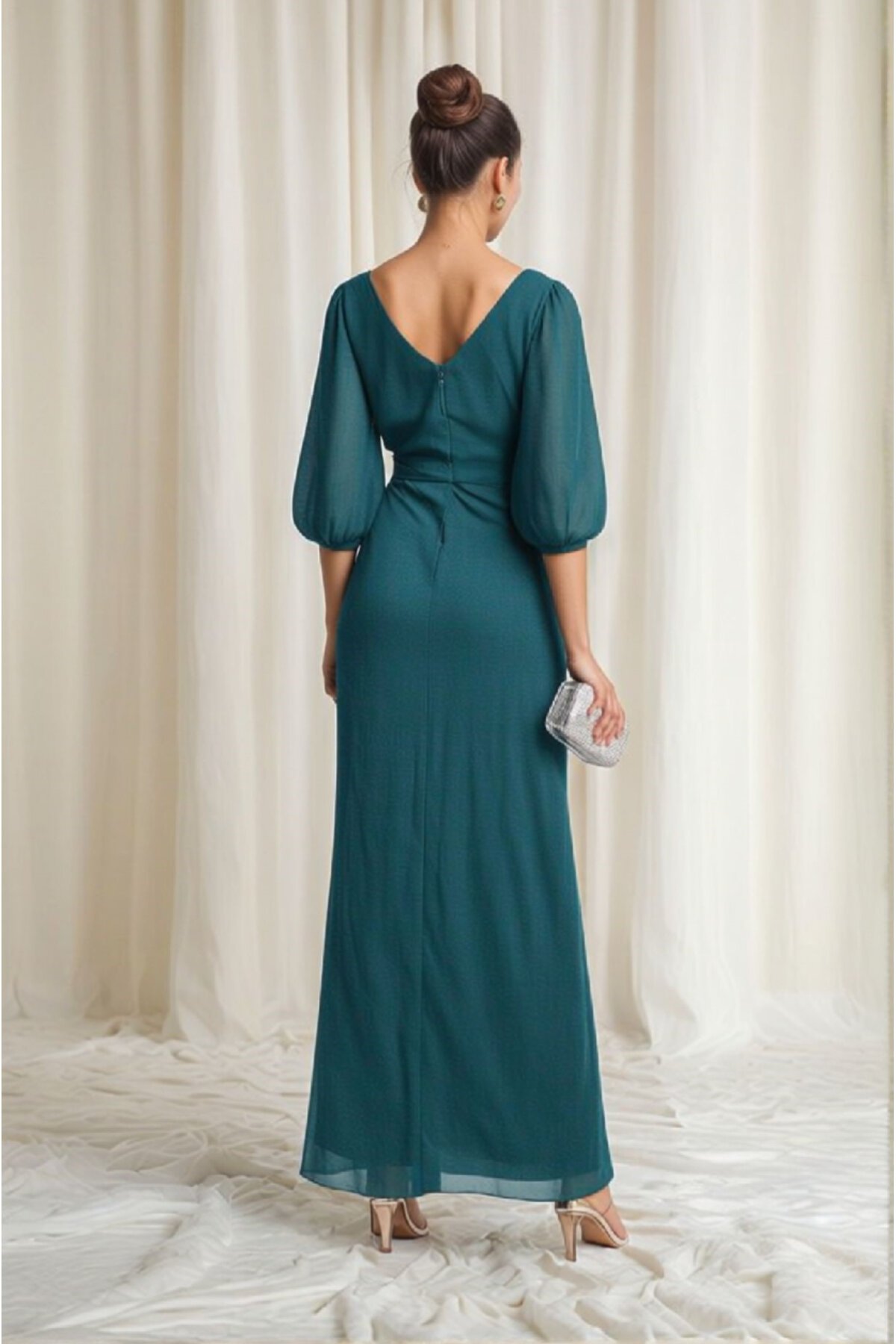 Kadın Pencere Tül V Yaka Belden Oturmalı Taşlı Nakışlı Şık Abiye Curve Büyük Beden Gece Elbise