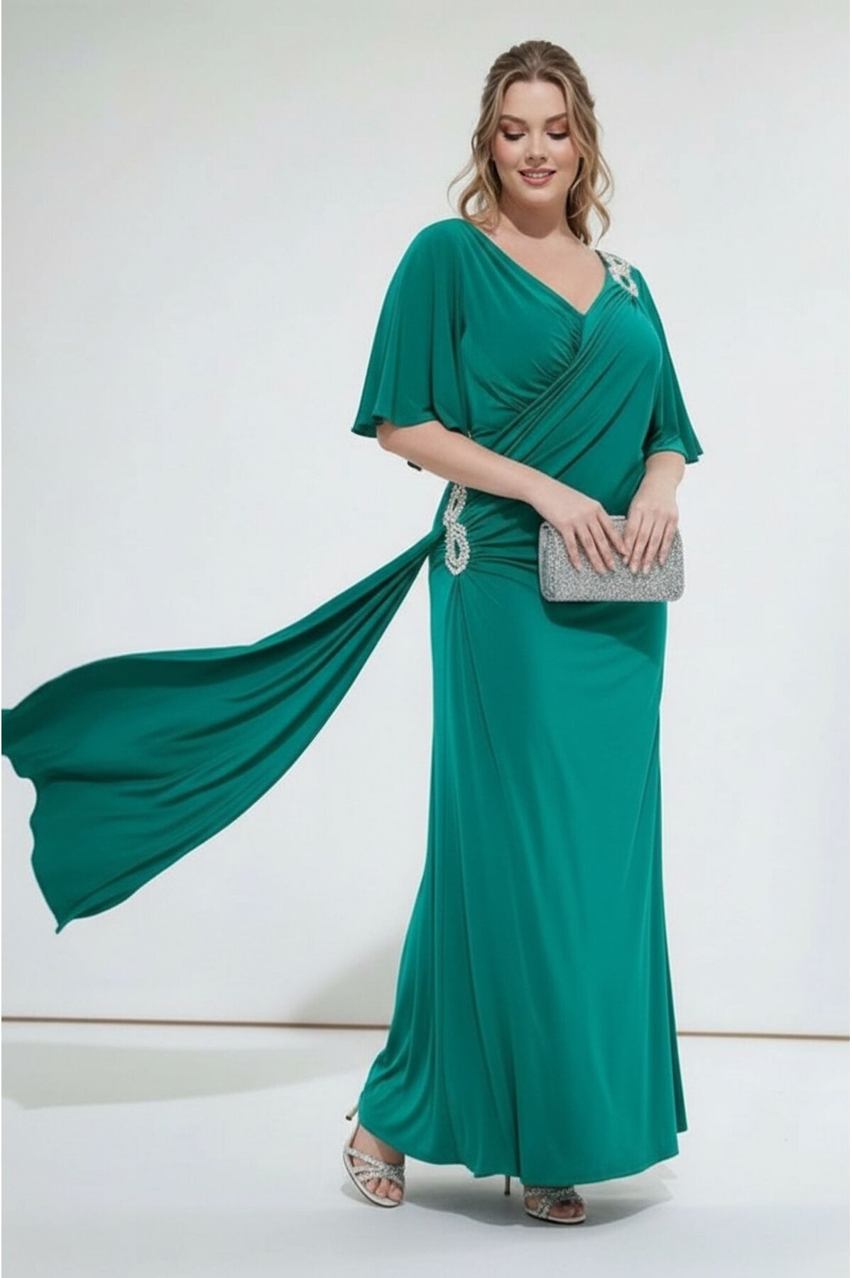 Kadın Pencere V Yaka Belden Oturmalı Taşlı Şık Abiye Curve Büyük Beden Gece Elbise