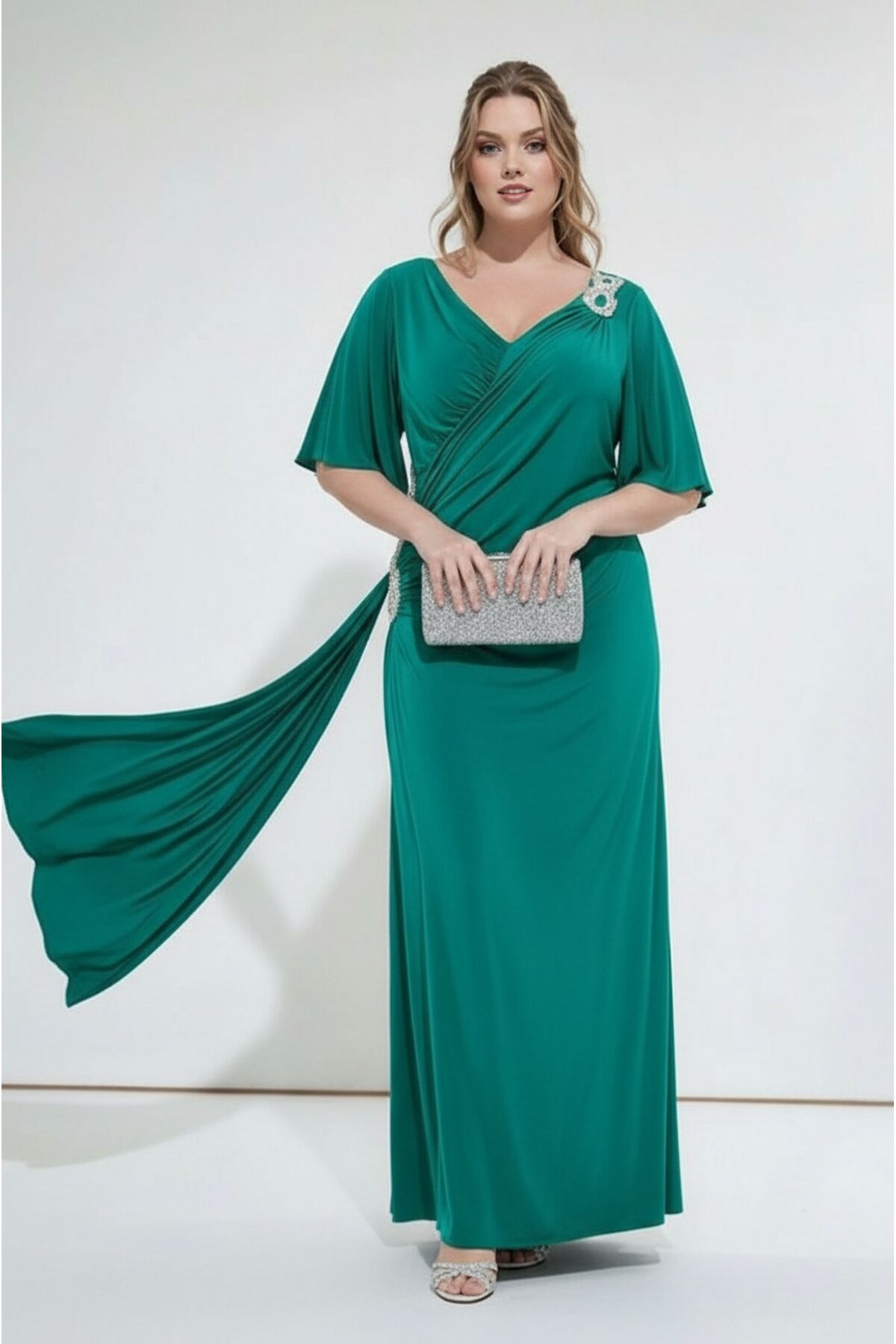 Kadın Pencere V Yaka Belden Oturmalı Taşlı Şık Abiye Curve Büyük Beden Gece Elbise