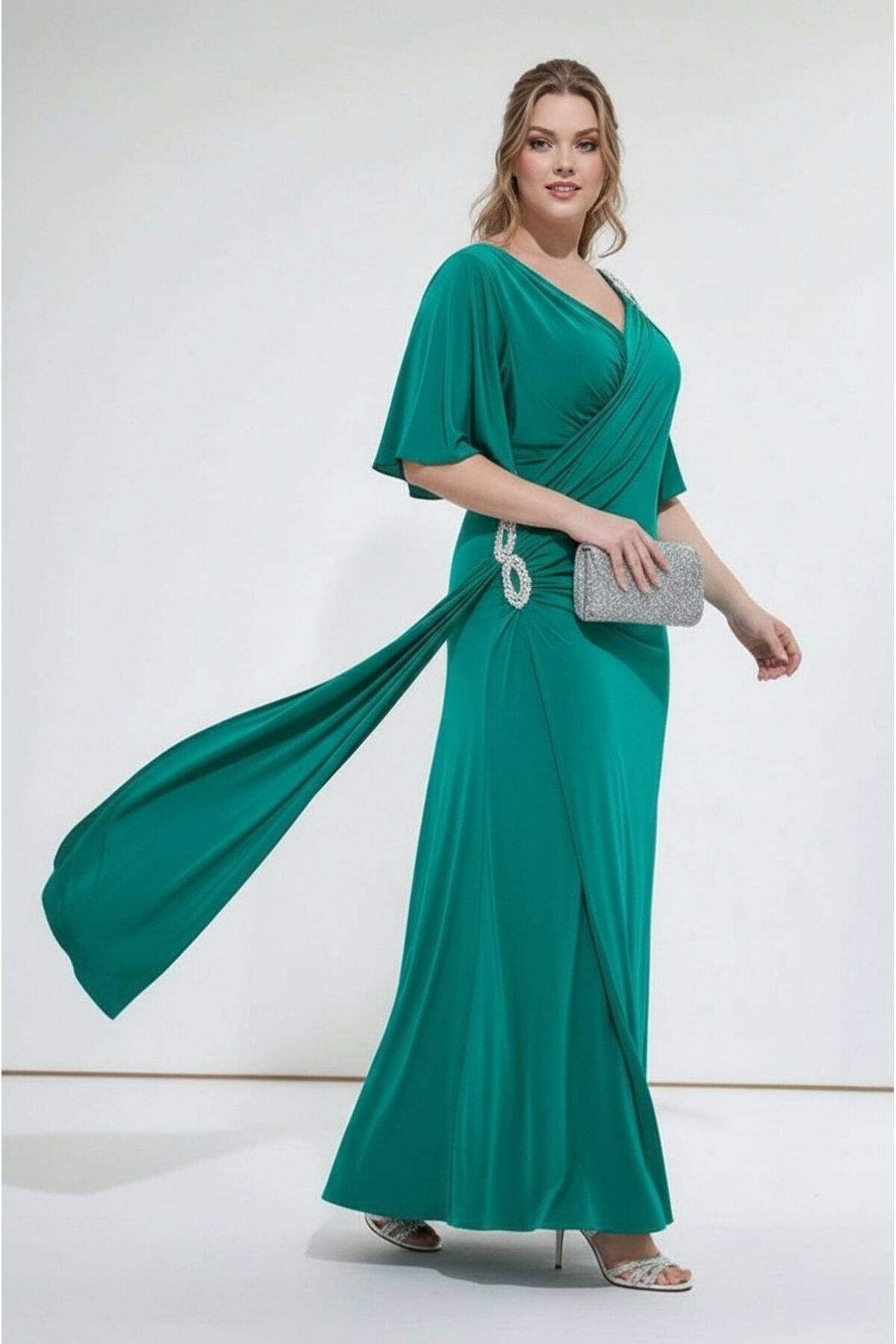 Kadın Pencere V Yaka Belden Oturmalı Taşlı Şık Abiye Curve Büyük Beden Gece Elbise