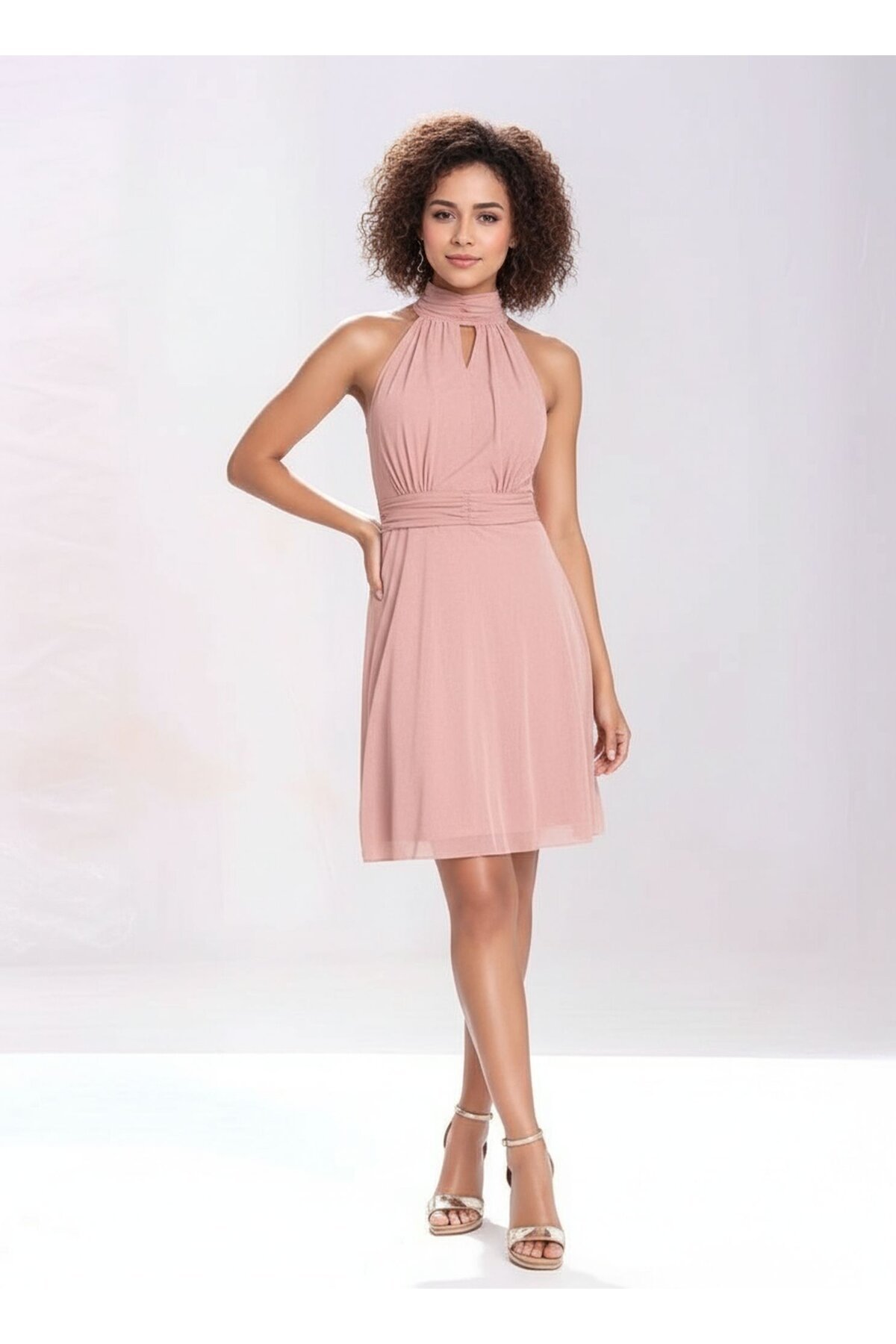 Kadın Pudra Şifon Yakası Pencere Detay Spor Şık Abiye Elbise