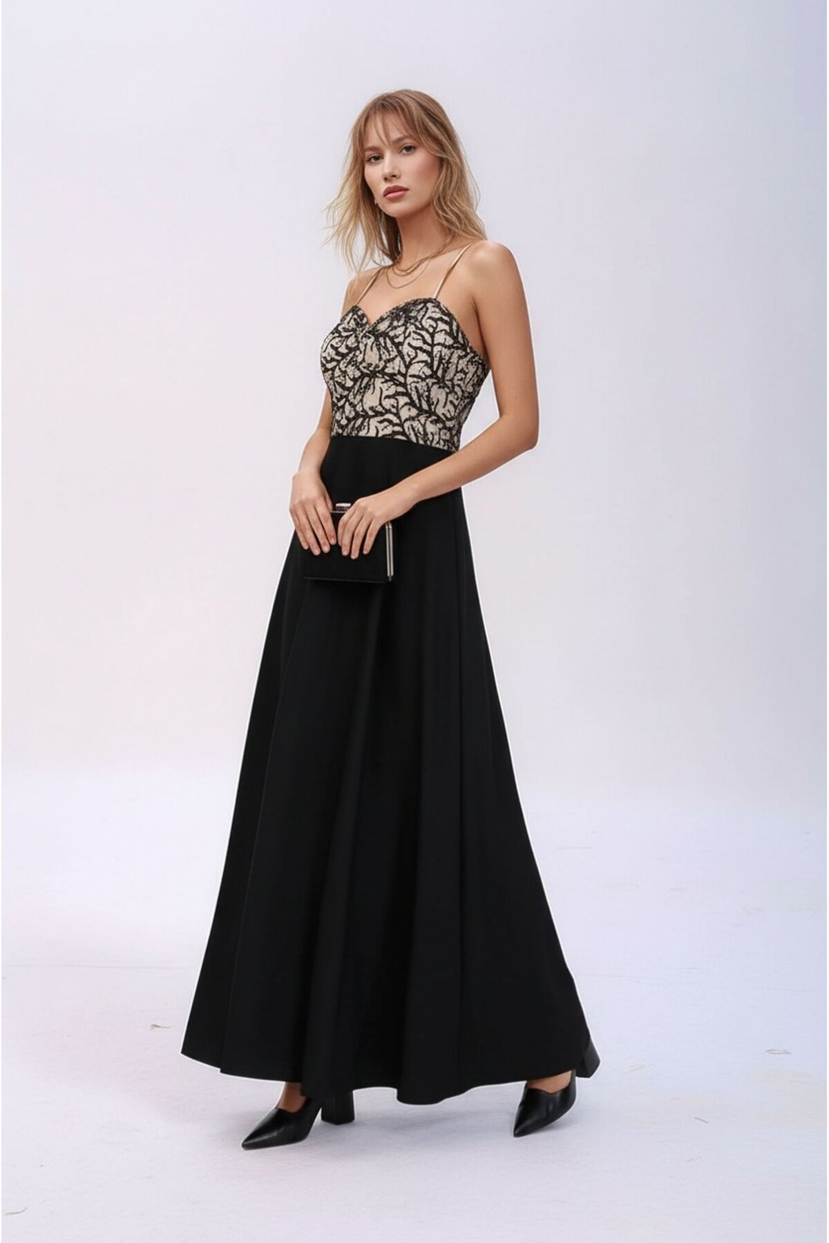 Kadın Straplez Kalp Yaka Dantelli Uzun Maxi Boy Siyah Ekru Curve Abiye Gece Şık Ebise