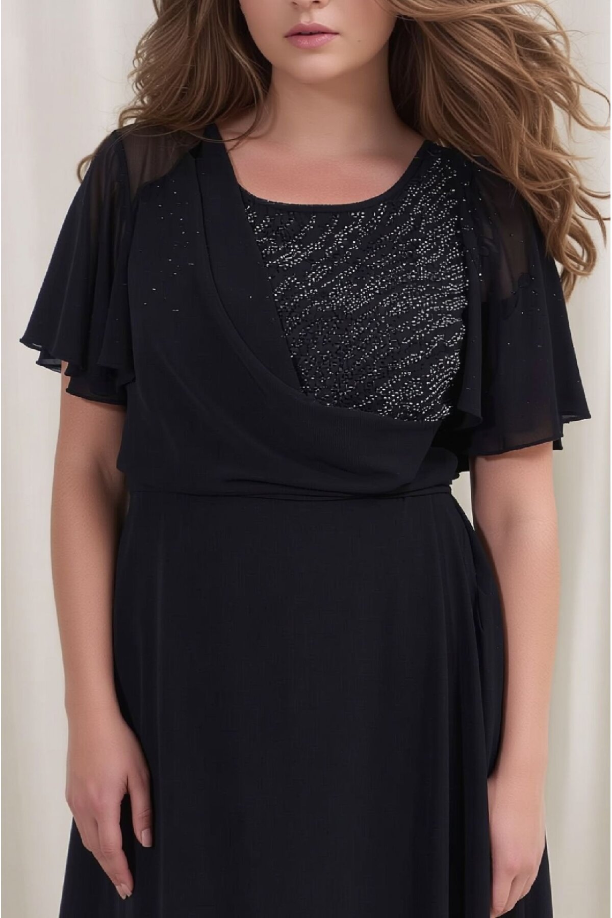 Kadın Taşlı Bisiklet Yaka Belden Oturmalı Şık Abiye Curve Büyük Beden Gece Elbise