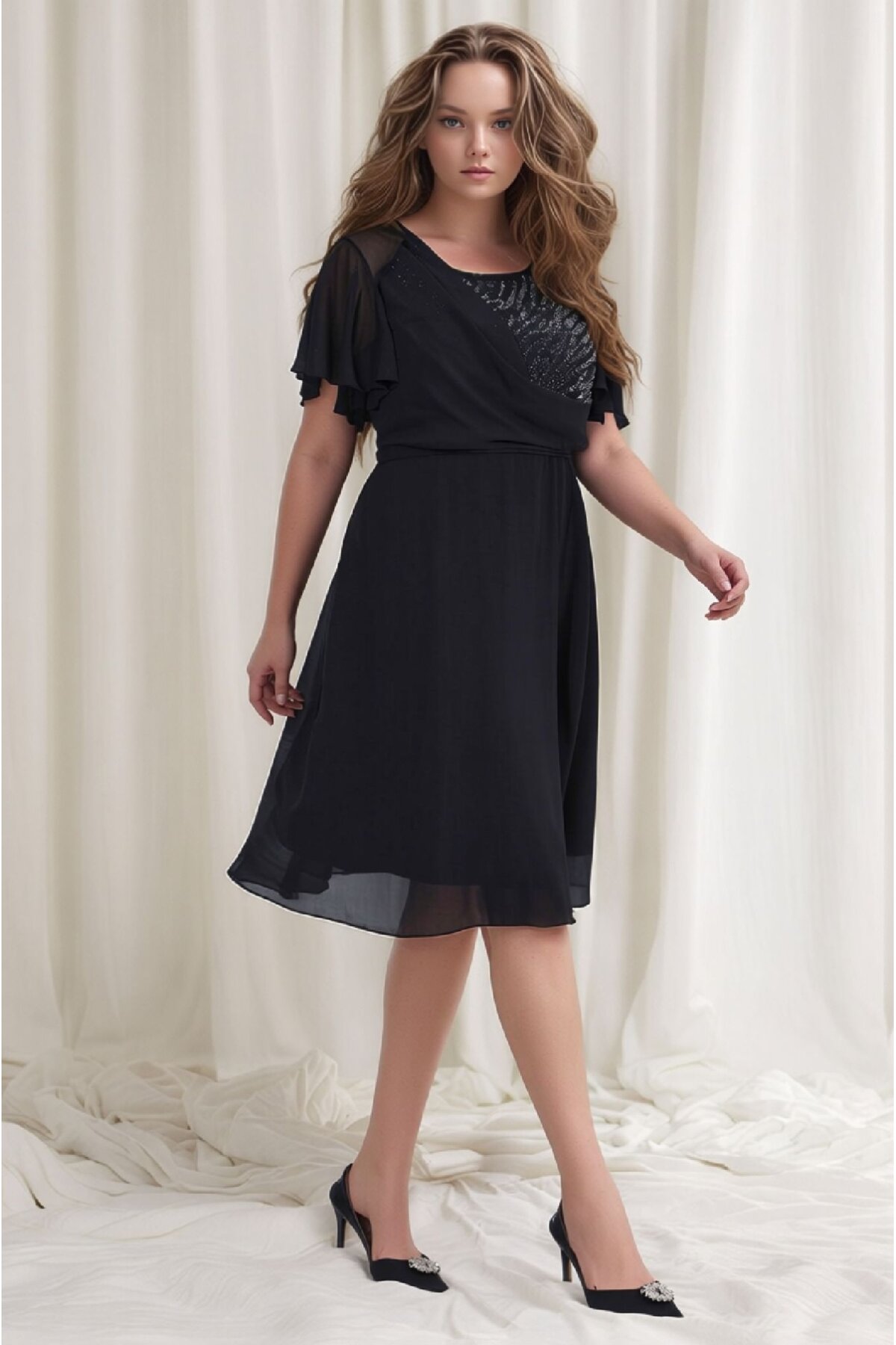 Kadın Taşlı Bisiklet Yaka Belden Oturmalı Şık Abiye Curve Büyük Beden Gece Elbise