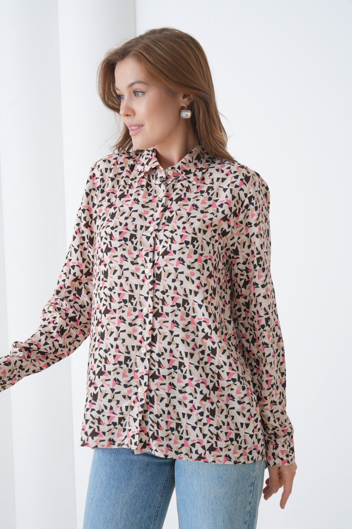 Kadın Tesettüre Uygun Desenli Uzun Kol Pamuk Şık Büyük Beden Curve Rahat Gömlek