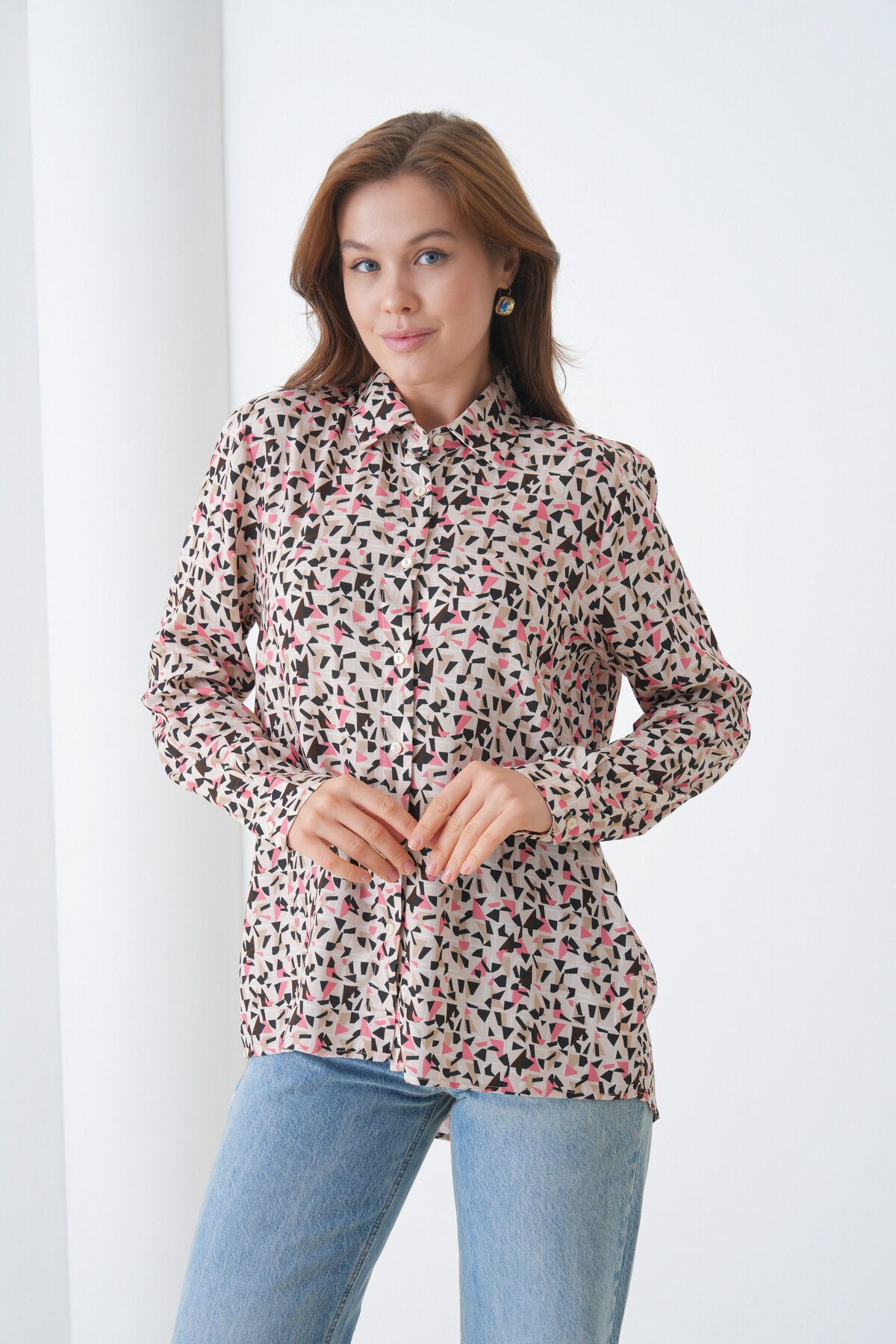 Kadın Tesettüre Uygun Desenli Uzun Kol Pamuk Şık Büyük Beden Curve Rahat Gömlek