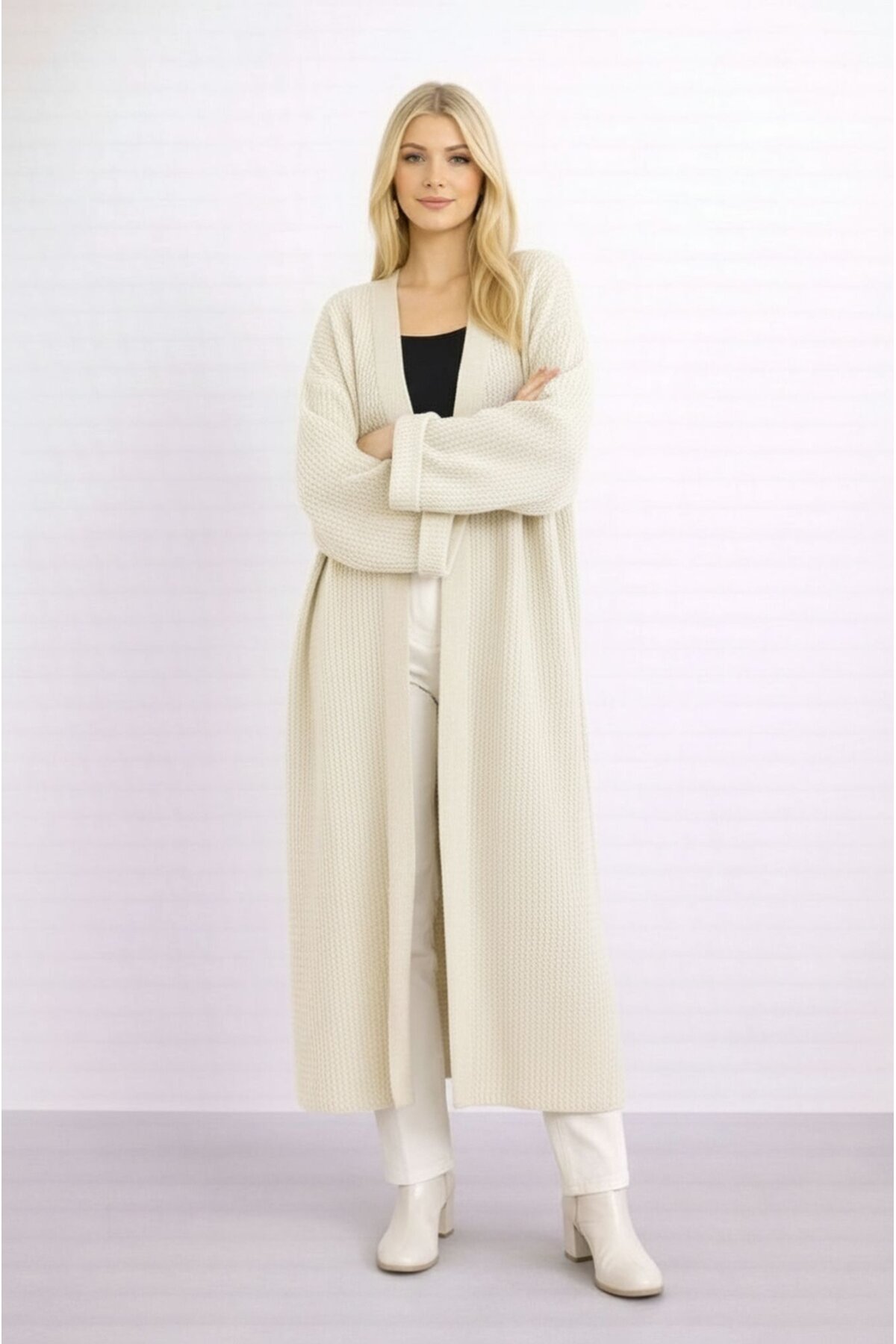 Kadın Tesettüre Uygun Maxi Boy Uzun Kol Spor Şık Örgü Triko Curve Uyumlu Hırka Ceket