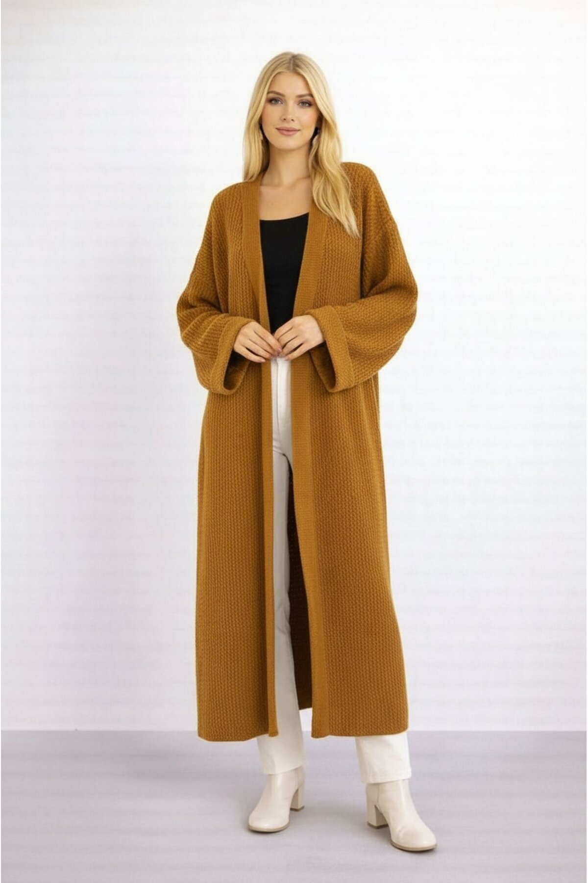 Kadın Tesettüre Uygun Maxi Boy Uzun Kol Spor Şık Örgü Triko Curve Uyumlu Hırka Ceket