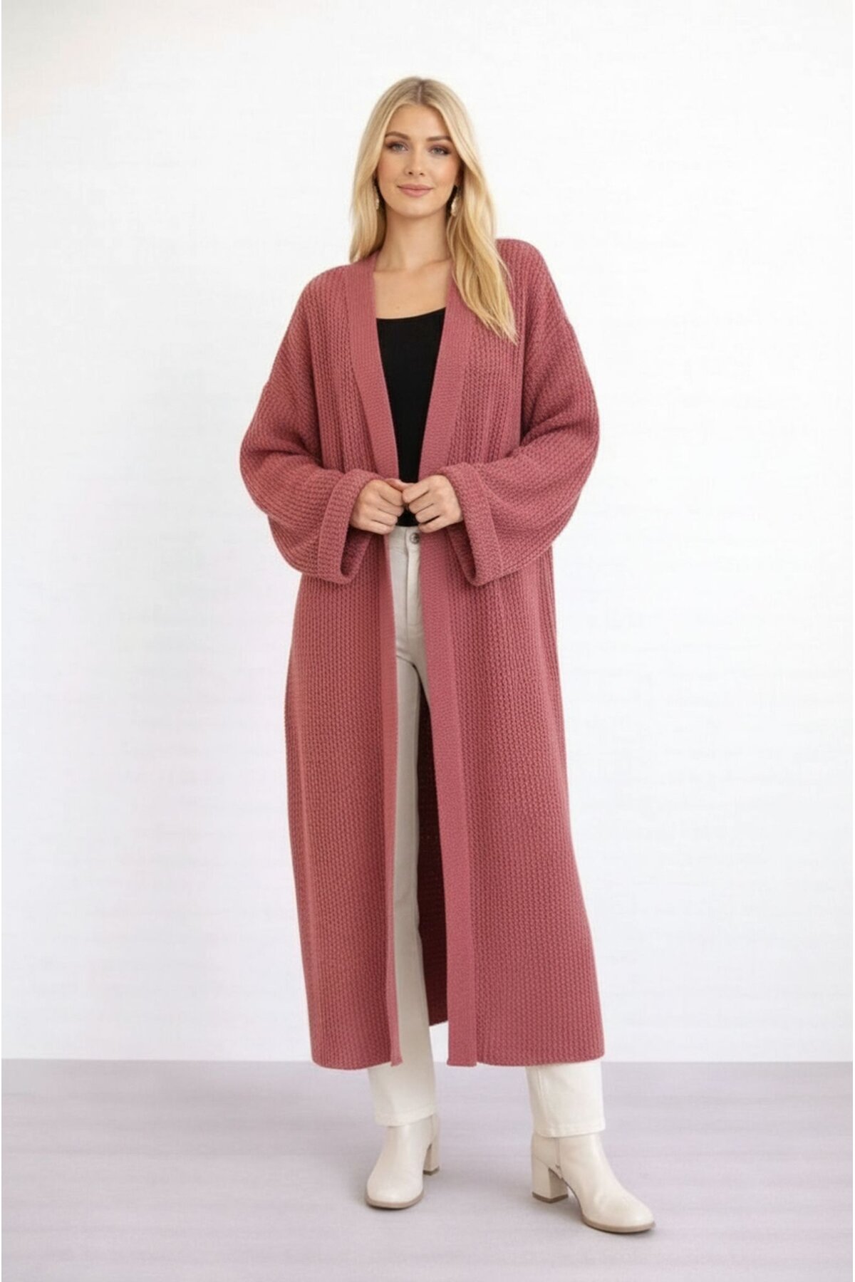 Kadın Tesettüre Uygun Maxi Boy Uzun Kol Spor Şık Örgü Triko Curve Uyumlu Hırka Ceket