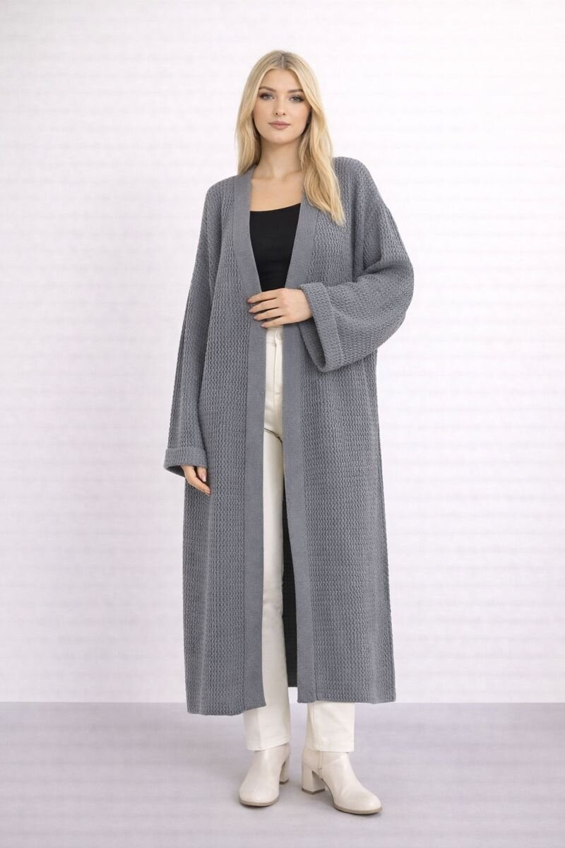 Kadın Tesettüre Uygun Maxi Boy Uzun Kol Spor Şık Örgü Triko Curve Uyumlu Hırka Ceket