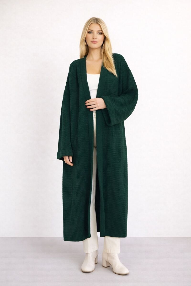 Kadın Tesettüre Uygun Maxi Boy Uzun Kol Spor Şık Örgü Triko Curve Uyumlu Hırka Ceket