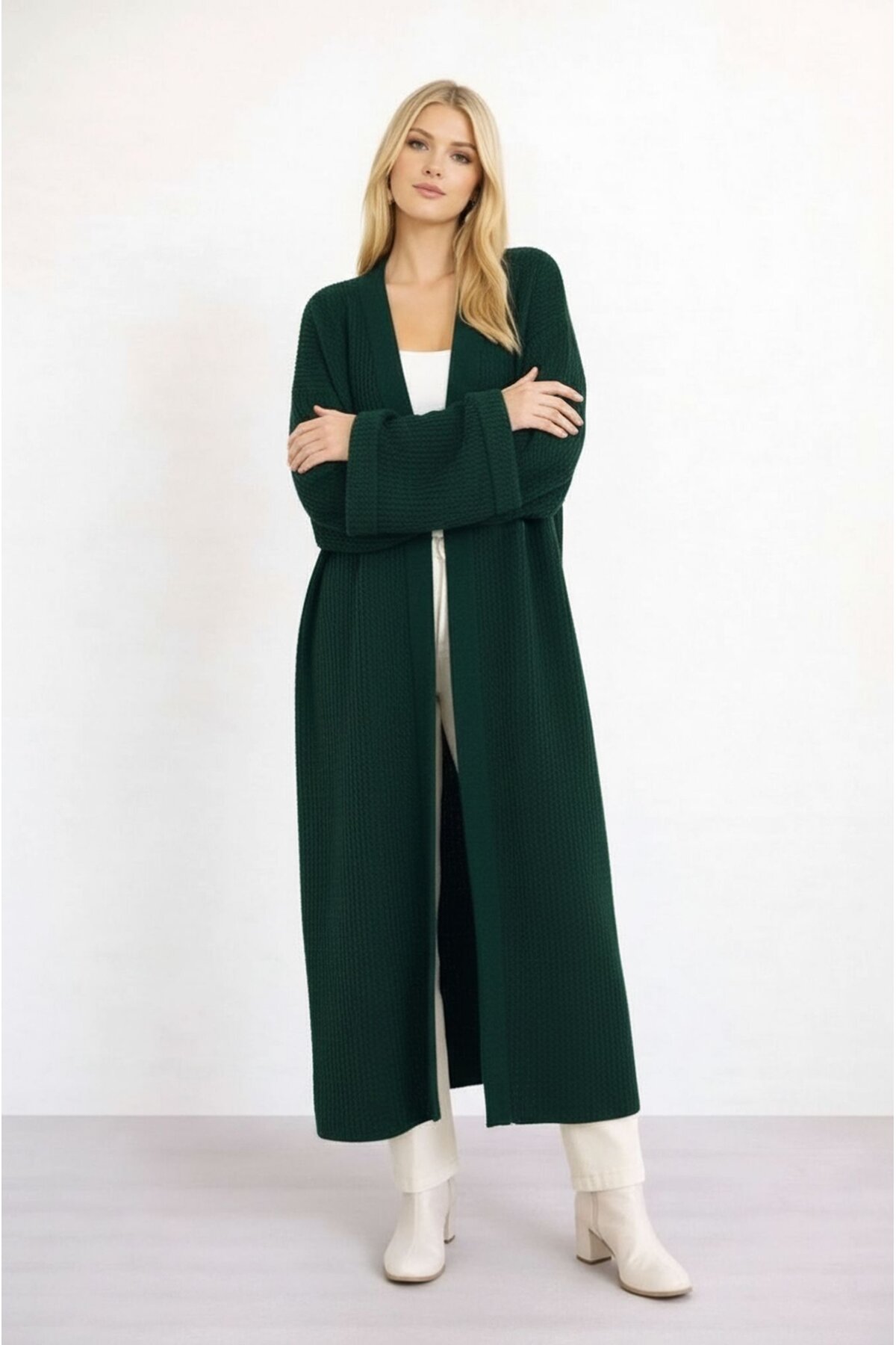 Kadın Tesettüre Uygun Maxi Boy Uzun Kol Spor Şık Örgü Triko Curve Uyumlu Hırka Ceket