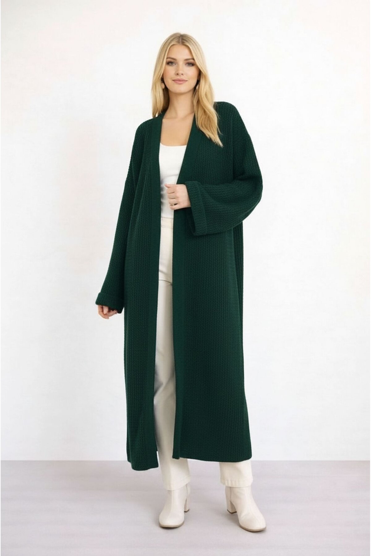 Kadın Tesettüre Uygun Maxi Boy Uzun Kol Spor Şık Örgü Triko Curve Uyumlu Hırka Ceket