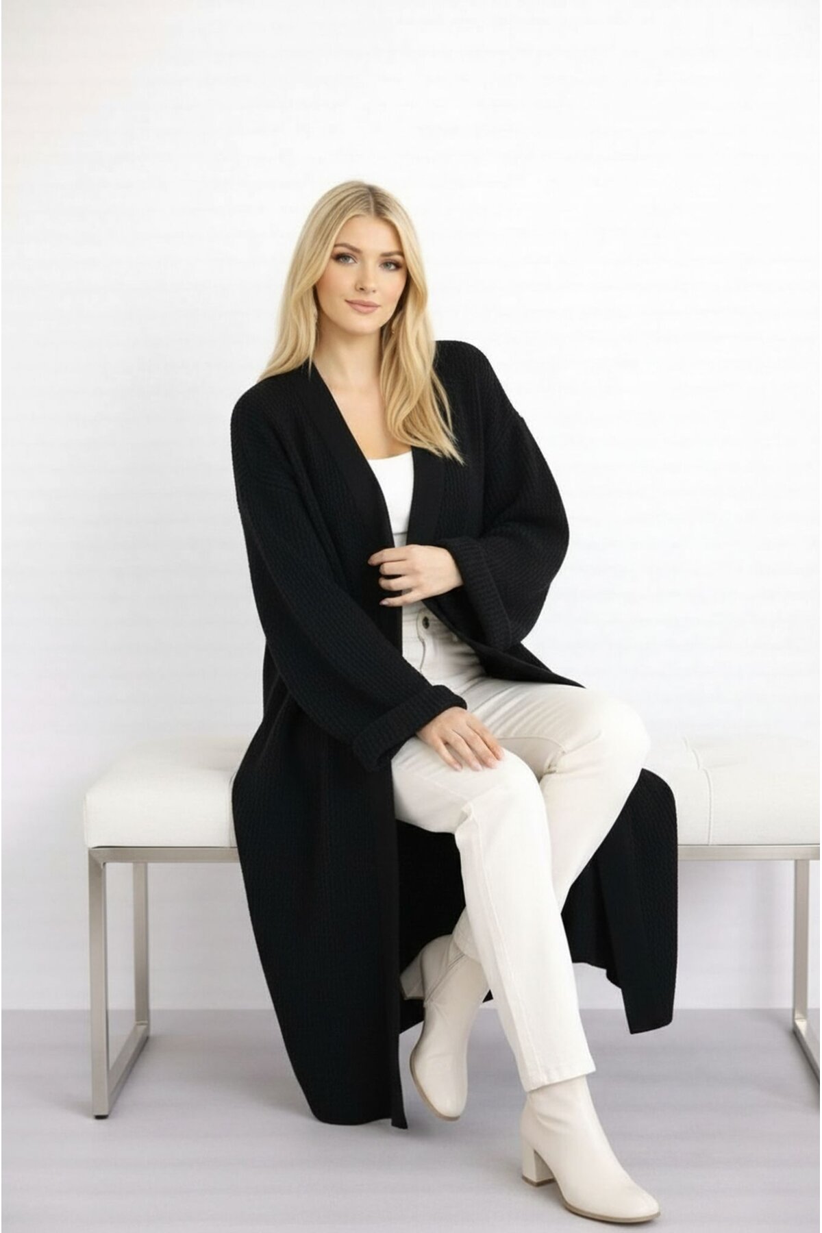 Kadın Tesettüre Uygun Maxi Boy Uzun Kol Spor Şık Örgü Triko Curve Uyumlu Hırka Ceket