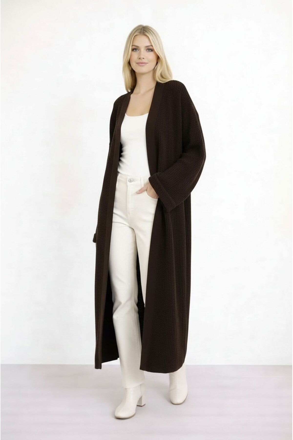 Kadın Tesettüre Uygun Maxi Boy Uzun Kol Spor Şık Örgü Triko Curve Uyumlu Hırka Ceket