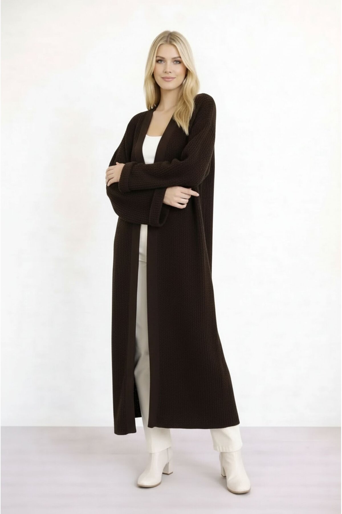 Kadın Tesettüre Uygun Maxi Boy Uzun Kol Spor Şık Örgü Triko Curve Uyumlu Hırka Ceket