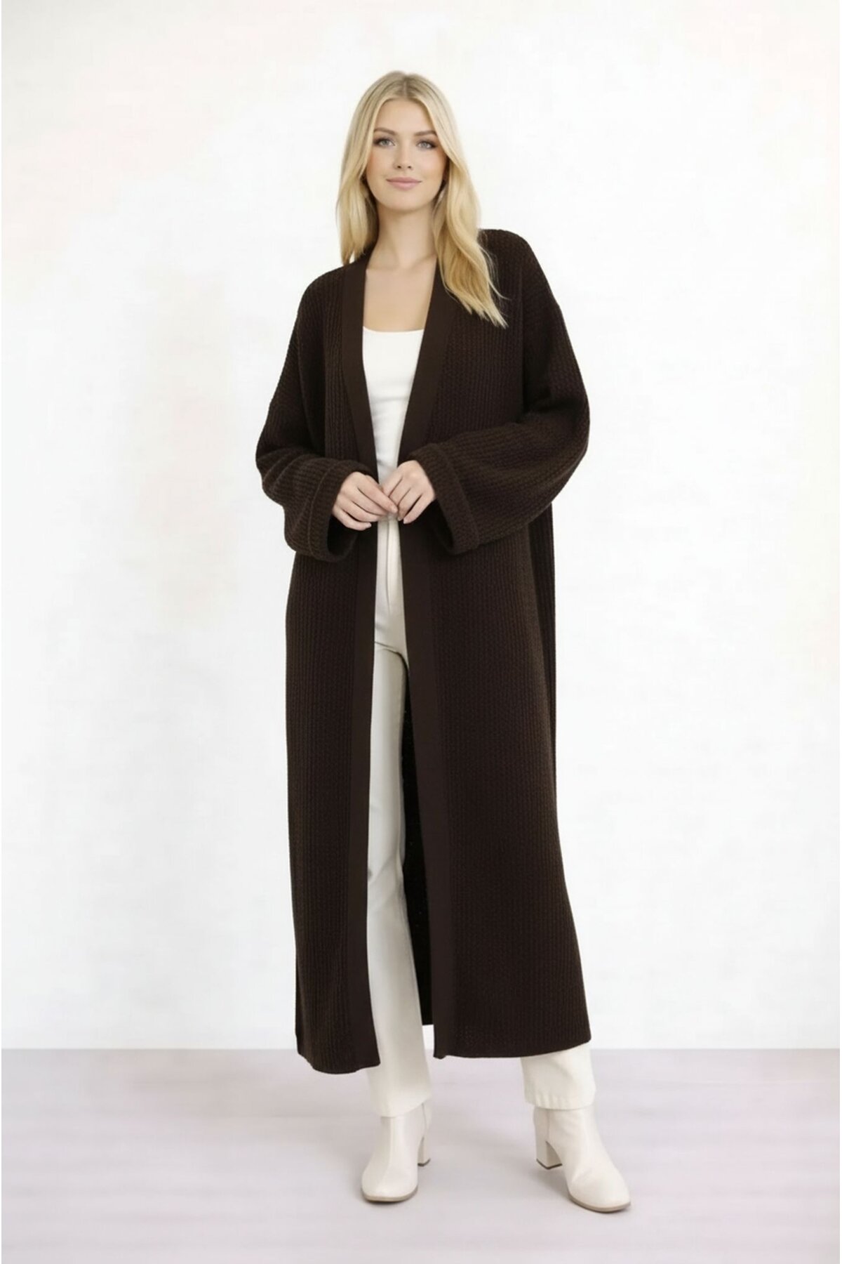 Kadın Tesettüre Uygun Maxi Boy Uzun Kol Spor Şık Örgü Triko Curve Uyumlu Hırka Ceket