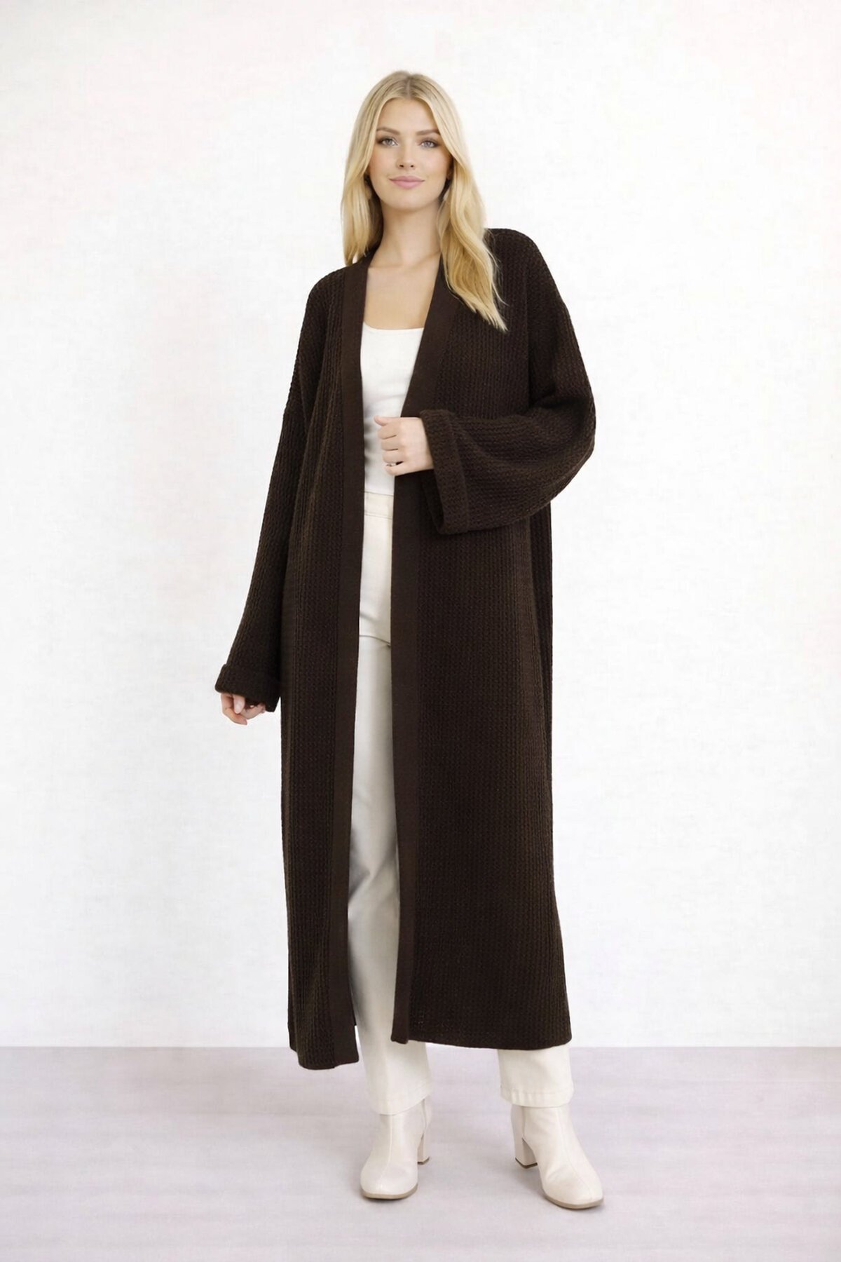 Kadın Tesettüre Uygun Maxi Boy Uzun Kol Spor Şık Örgü Triko Curve Uyumlu Hırka Ceket