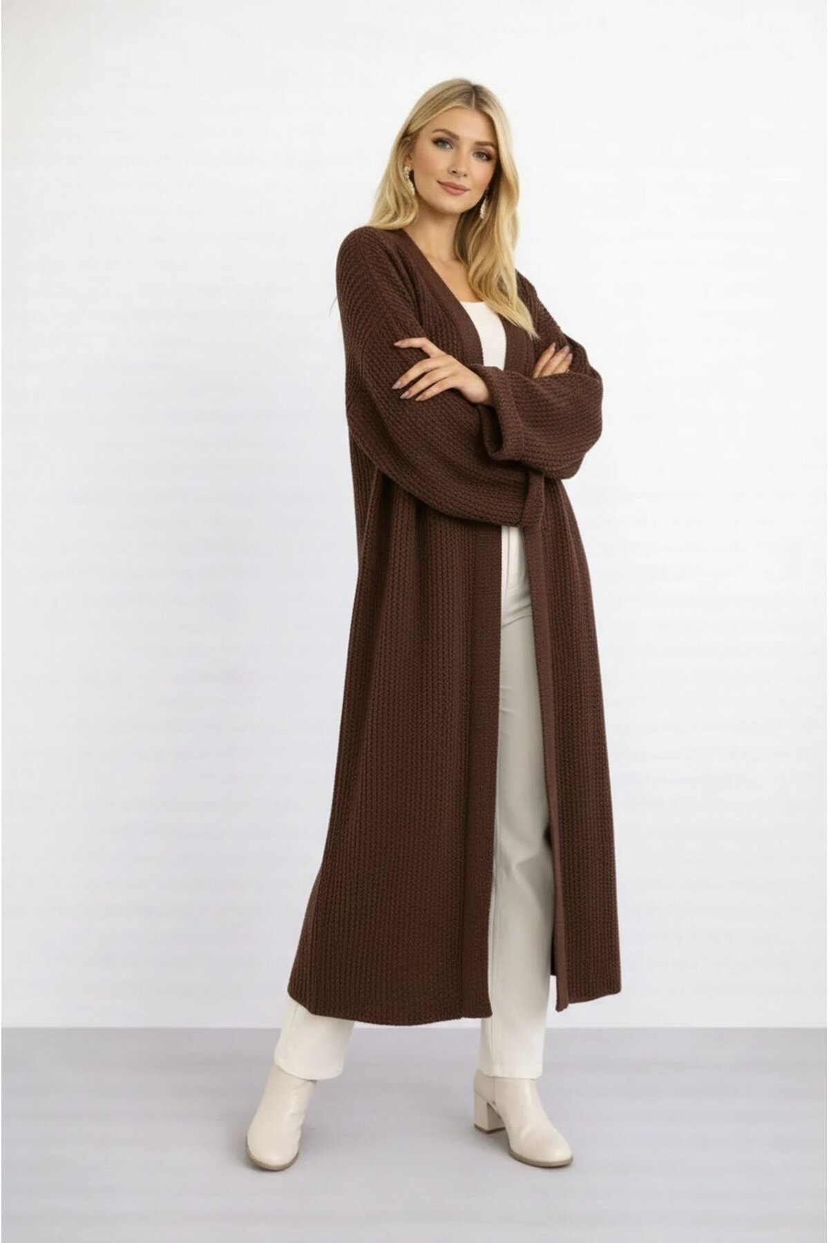 Kadın Tesettüre Uygun Maxi Boy Uzun Kol Spor Şık Örgü Triko Curve Uyumlu Hırka Ceket