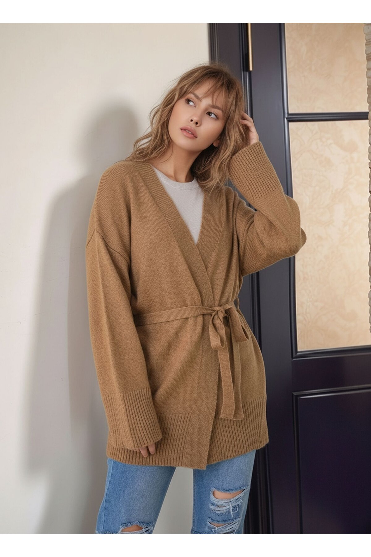 Kadın Tesettüre Uygun Midi Boy Kruvaze Kapama Kuşaklı Uzun Kol Cepli Spor Şık Triko Hırka Ceket