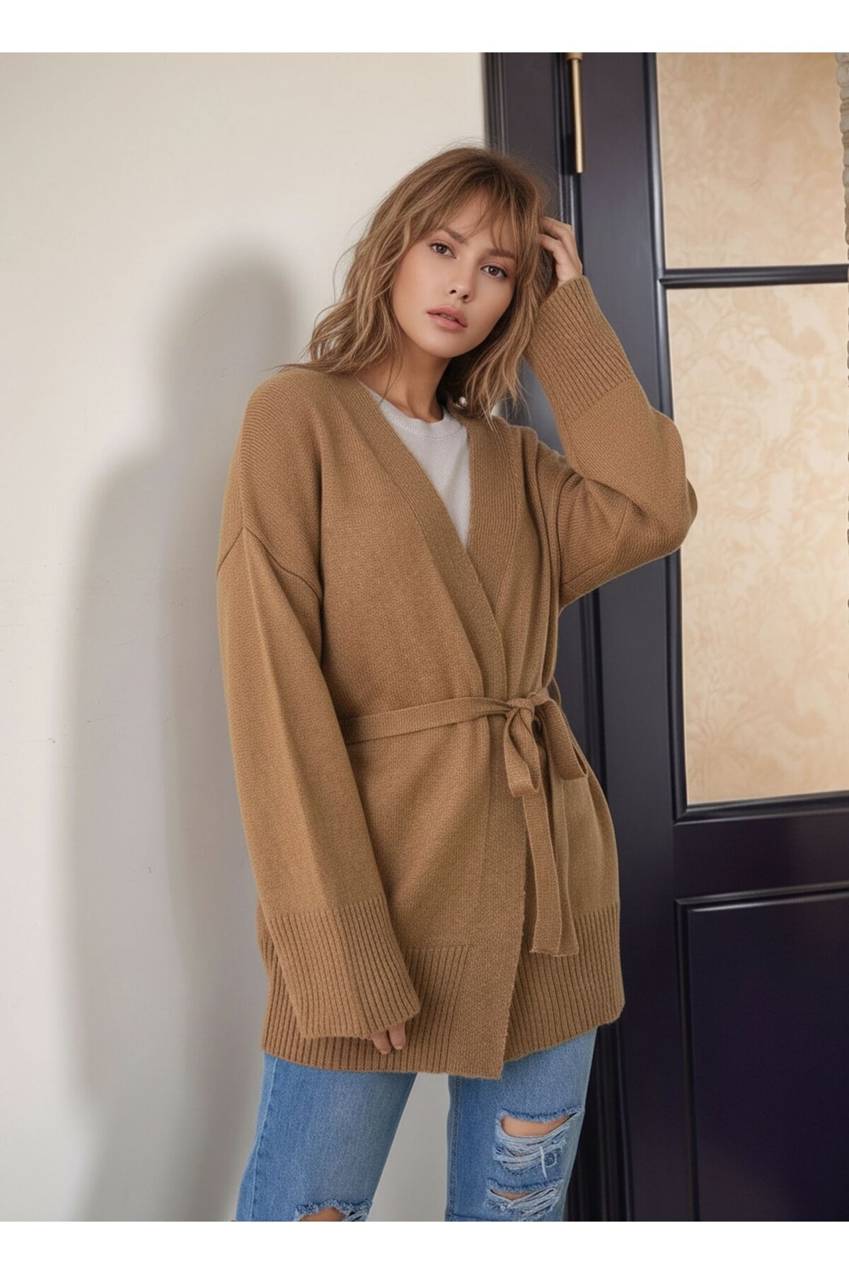 Kadın Tesettüre Uygun Midi Boy Kruvaze Kapama Kuşaklı Uzun Kol Cepli Spor Şık Triko Hırka Ceket