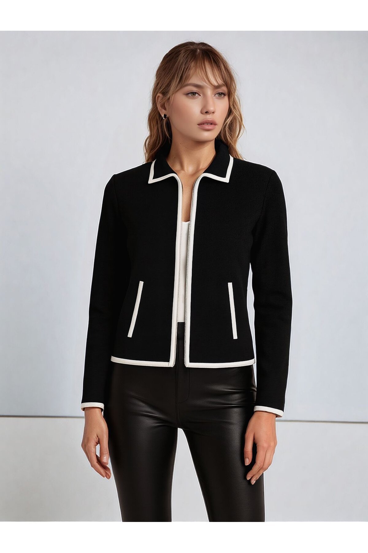 Kadın Fermuarlı Uzun Kol Cepli Spor Şık Tasarım Ceket