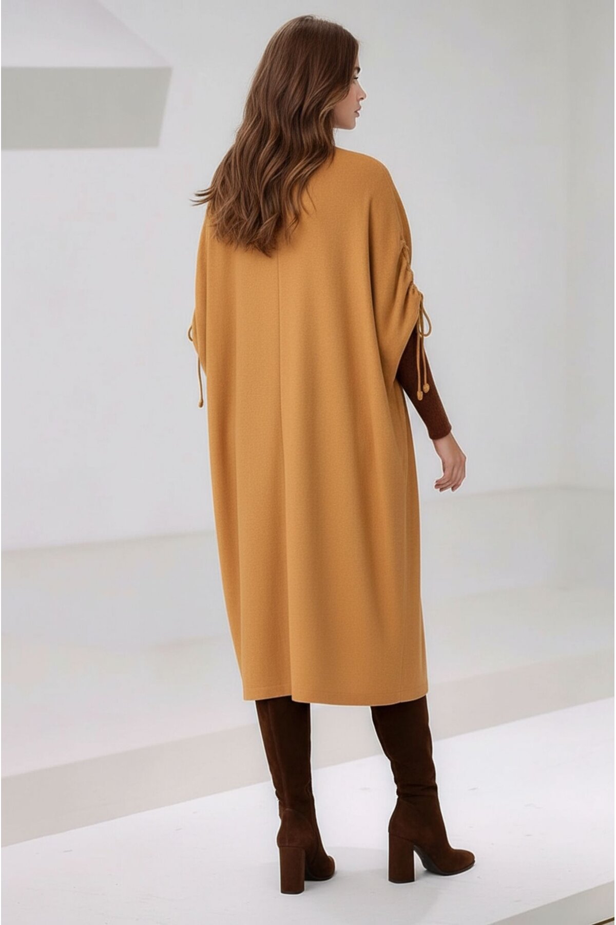 Kadın Tesettüre Uygun Midi Boy Yarasa Kol Omuzdan Bağlamalı Triko Curve Uyumlu Kuşaksız Hırka Ceket