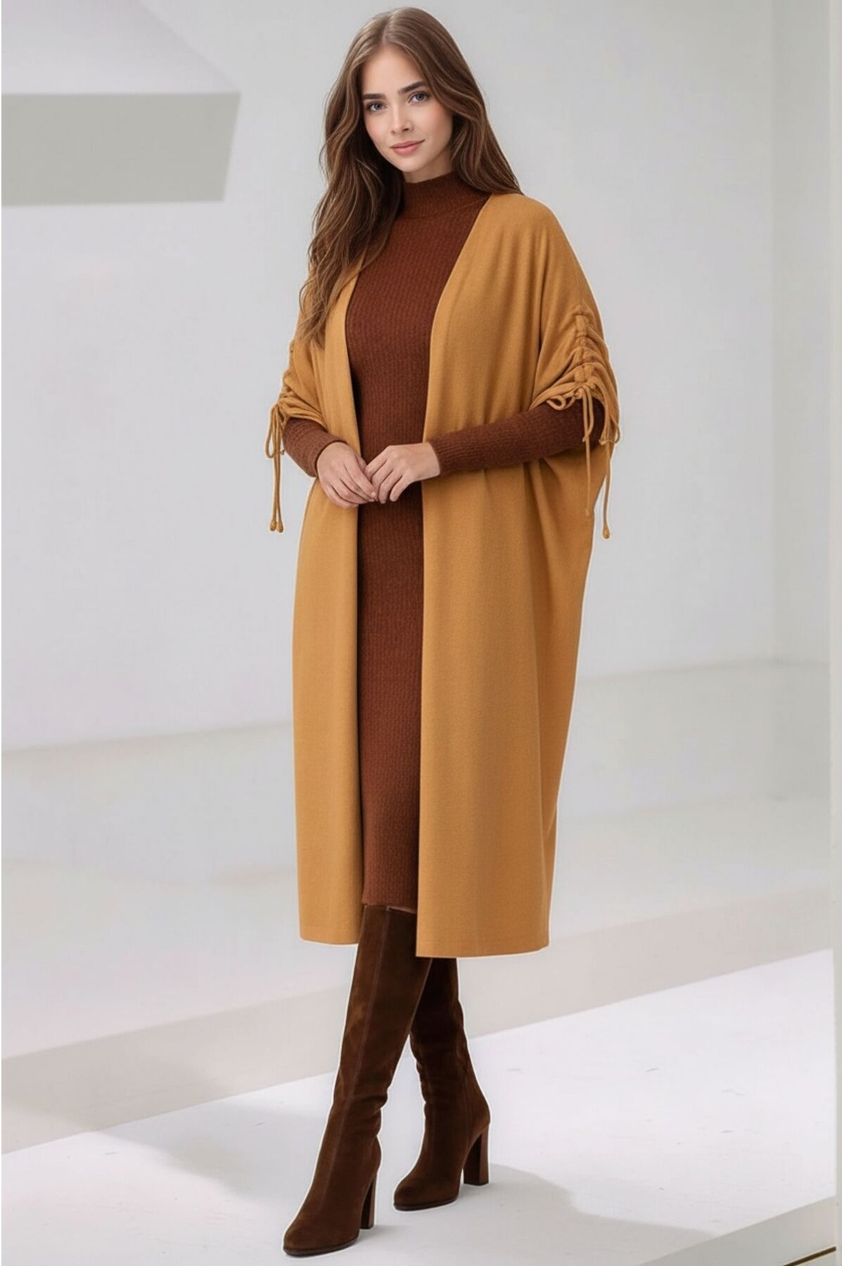 Kadın Tesettüre Uygun Midi Boy Yarasa Kol Omuzdan Bağlamalı Triko Curve Uyumlu Kuşaksız Hırka Ceket