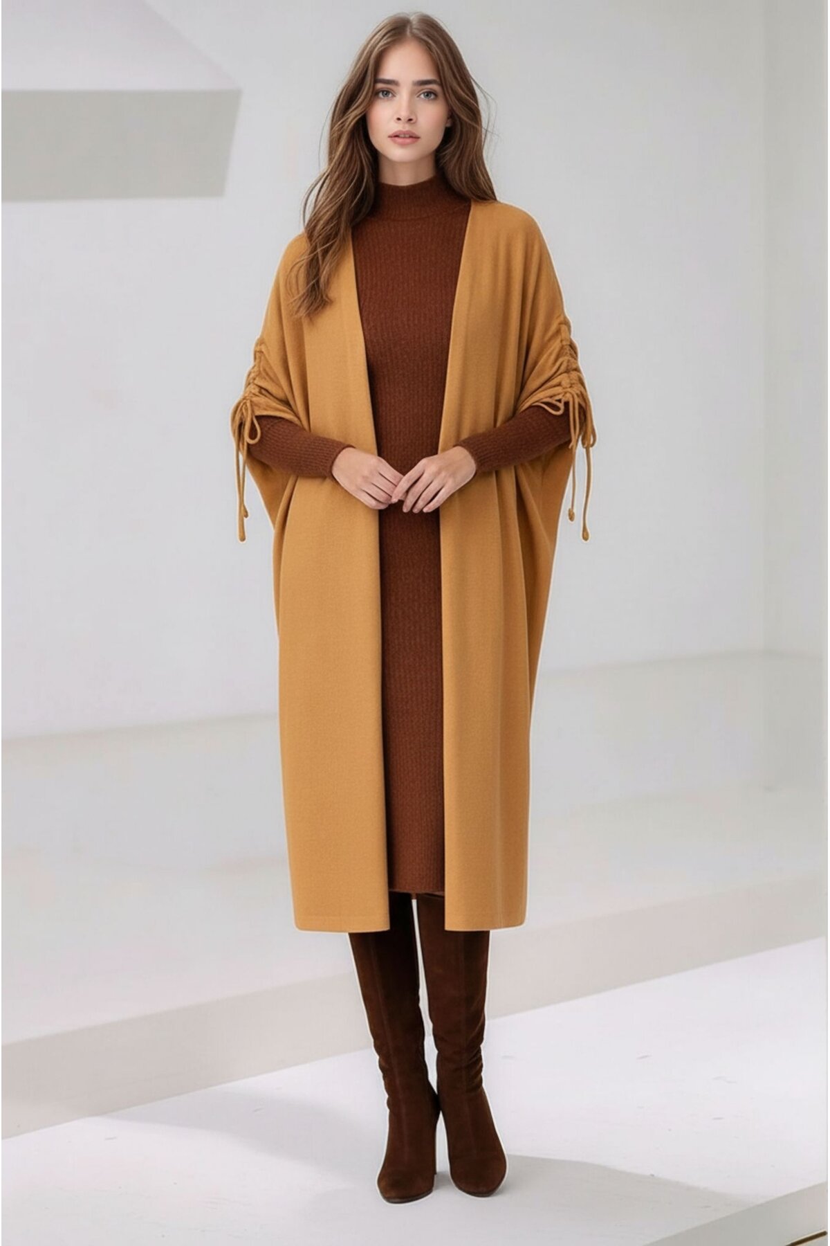 Kadın Tesettüre Uygun Midi Boy Yarasa Kol Omuzdan Bağlamalı Triko Curve Uyumlu Kuşaksız Hırka Ceket