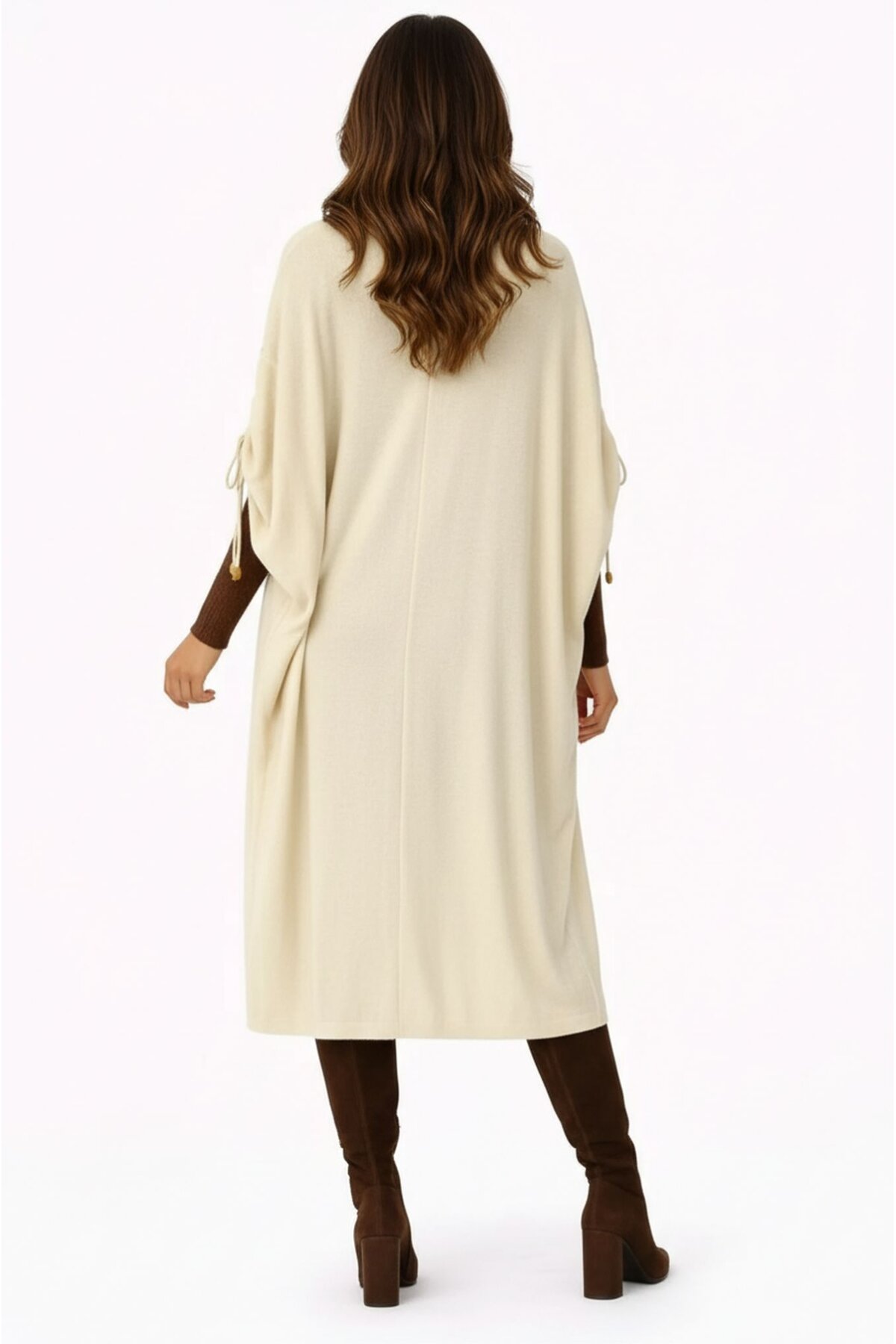 Kadın Tesettüre Uygun Midi Boy Yarasa Kol Omuzdan Bağlamalı Triko Curve Uyumlu Kuşaksız Hırka Ceket