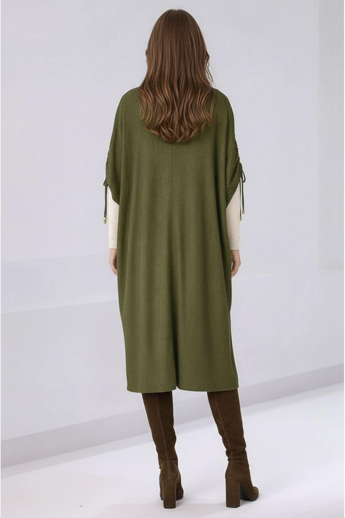 Kadın Tesettüre Uygun Midi Boy Yarasa Kol Omuzdan Bağlamalı Triko Curve Uyumlu Kuşaksız Hırka Ceket