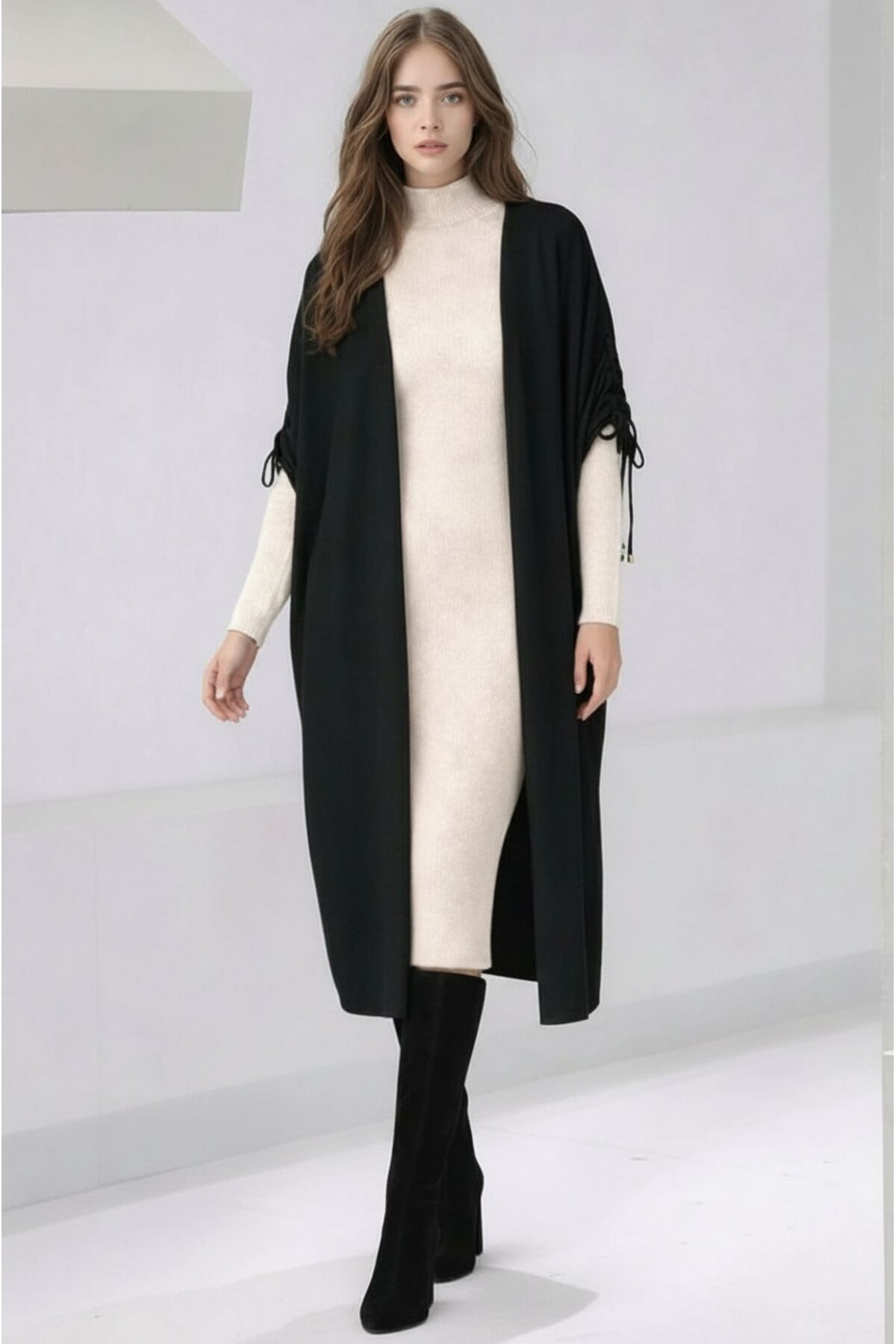 Kadın Tesettüre Uygun Midi Boy Yarasa Kol Omuzdan Bağlamalı Triko Curve Uyumlu Kuşaksız Hırka Ceket