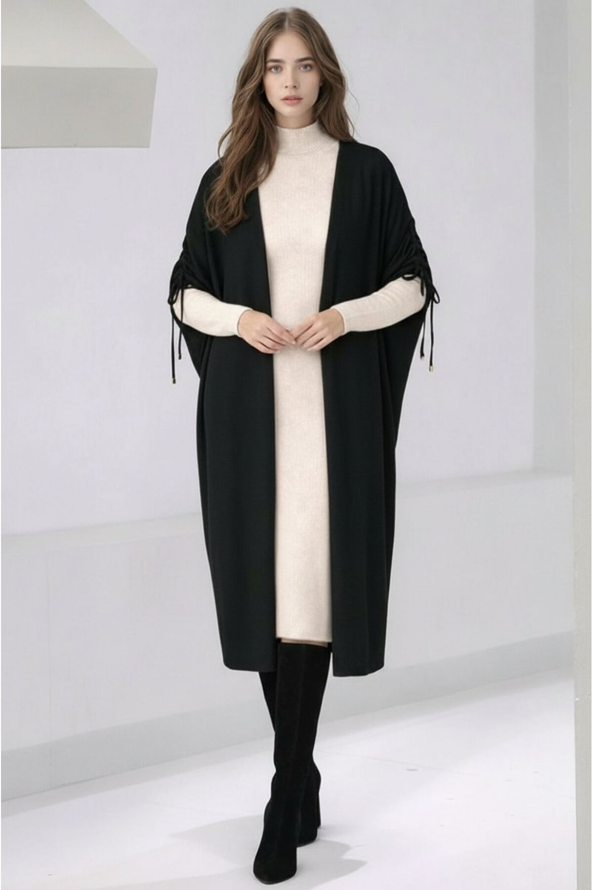 Kadın Tesettüre Uygun Midi Boy Yarasa Kol Omuzdan Bağlamalı Triko Curve Uyumlu Kuşaksız Hırka Ceket