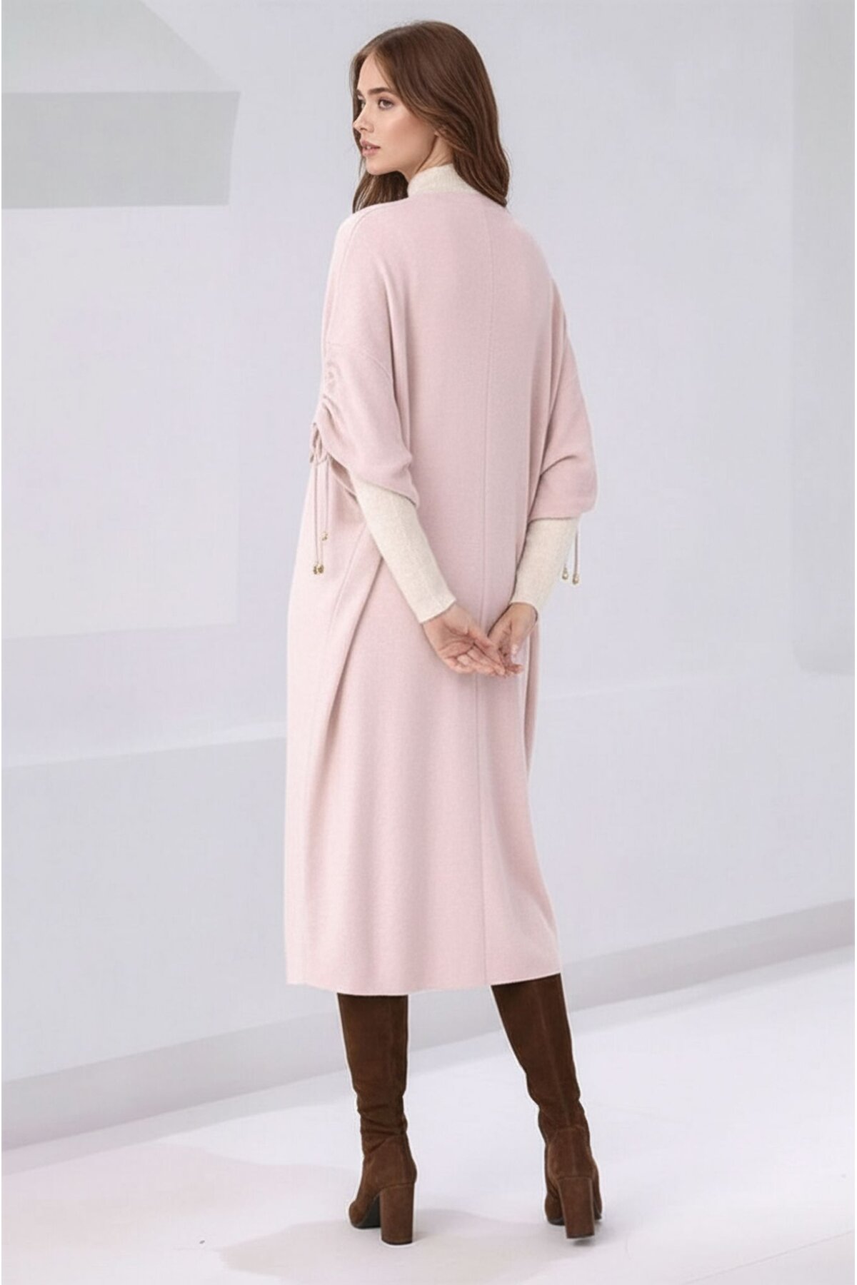 Kadın Tesettüre Uygun Midi Boy Yarasa Kol Omuzdan Bağlamalı Triko Curve Uyumlu Kuşaksız Hırka Ceket