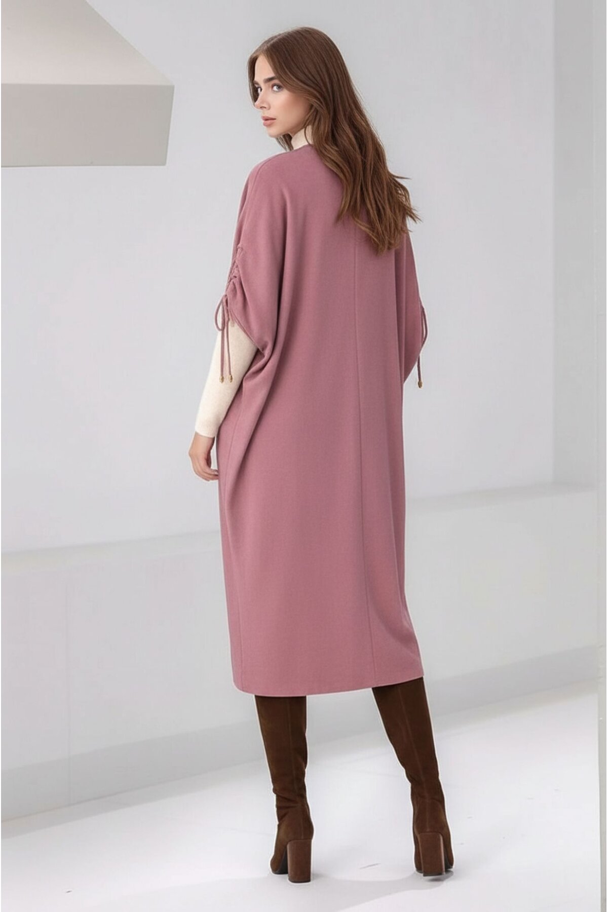 Kadın Tesettüre Uygun Midi Boy Yarasa Kol Omuzdan Bağlamalı Triko Curve Uyumlu Kuşaksız Hırka Ceket