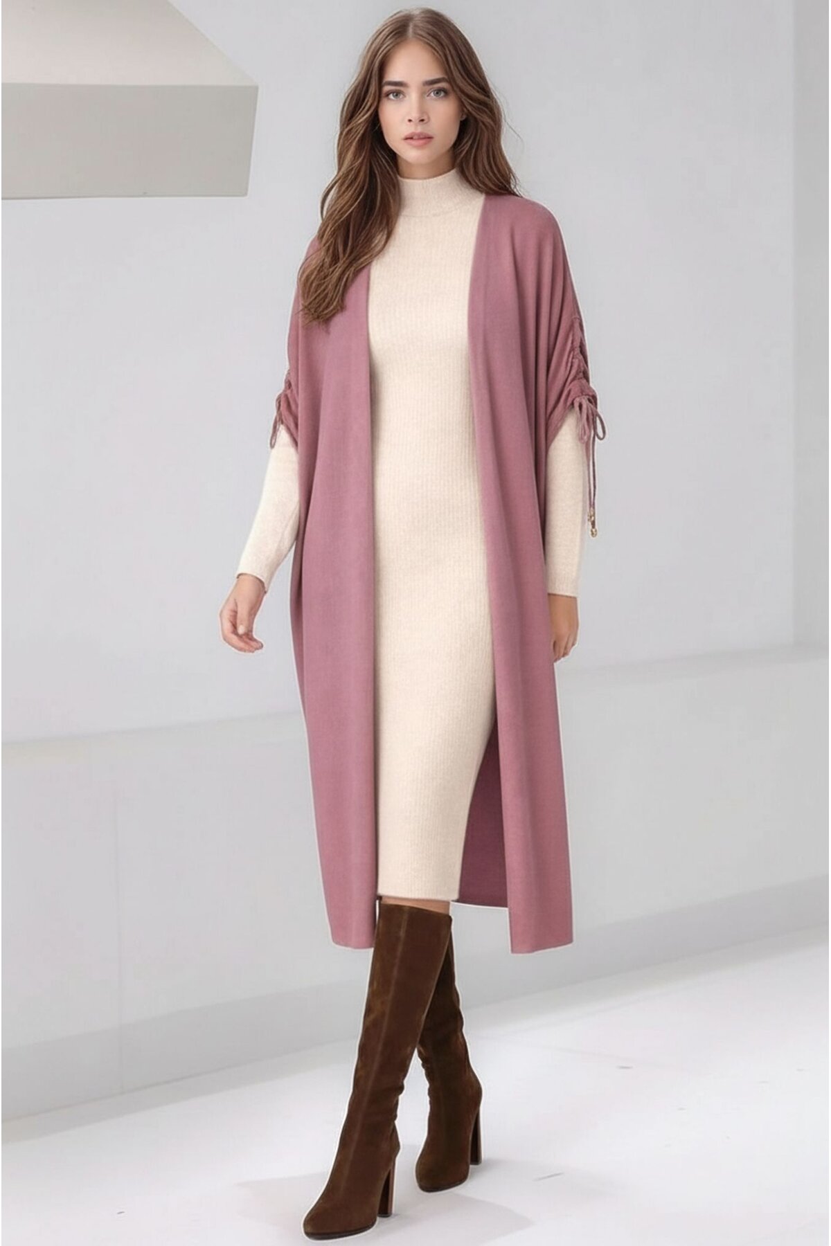 Kadın Tesettüre Uygun Midi Boy Yarasa Kol Omuzdan Bağlamalı Triko Curve Uyumlu Kuşaksız Hırka Ceket