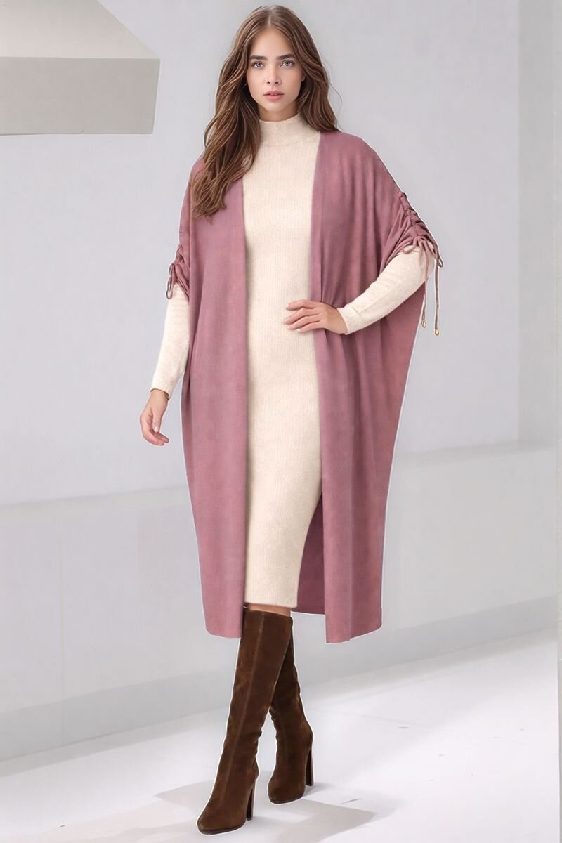 Kadın Tesettüre Uygun Midi Boy Yarasa Kol Omuzdan Bağlamalı Triko Curve Uyumlu Kuşaksız Hırka Ceket